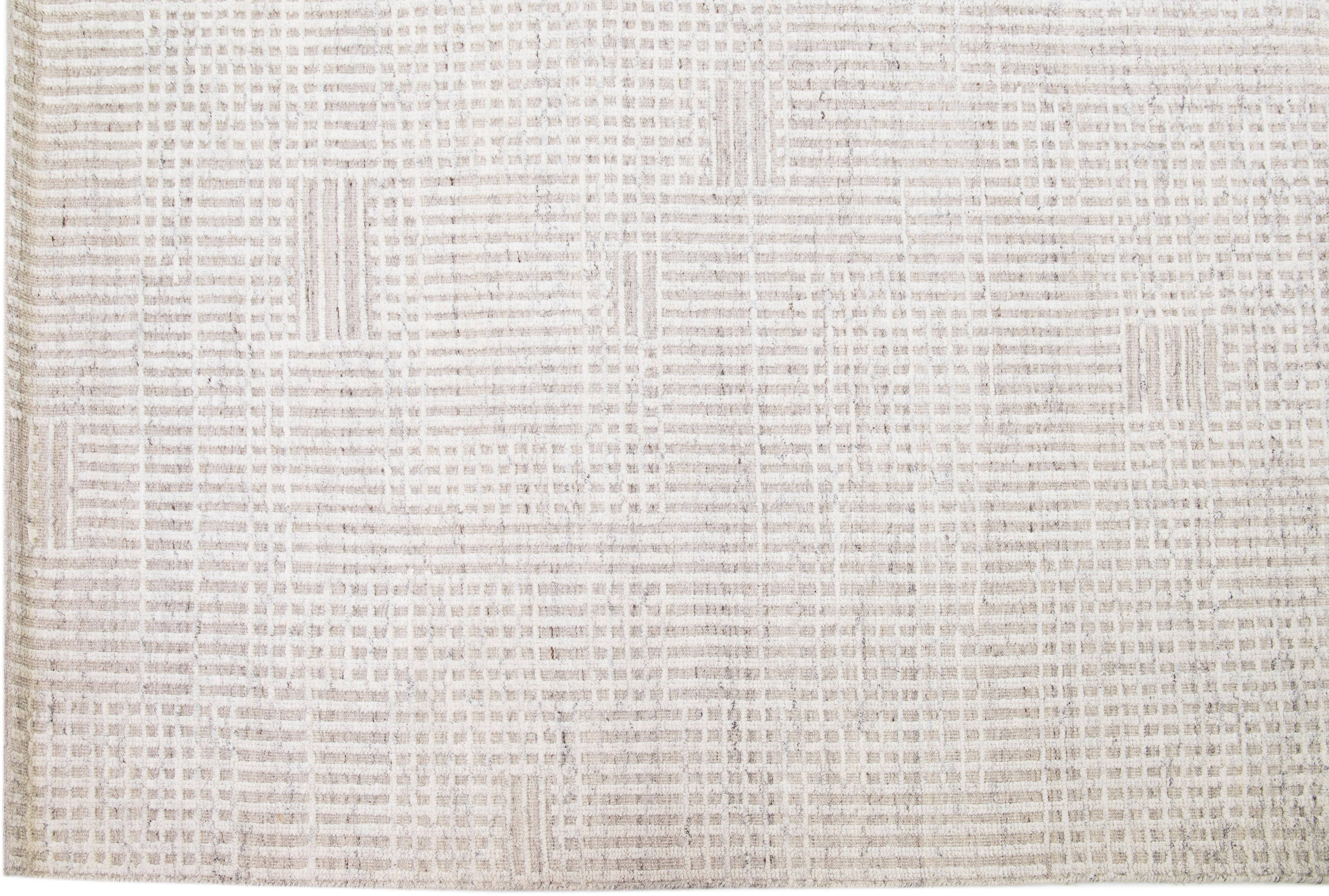 Hand-Knotted Modern Minimalist Moroccan Style Wool Rug With Beige Field by Apadana For Sale