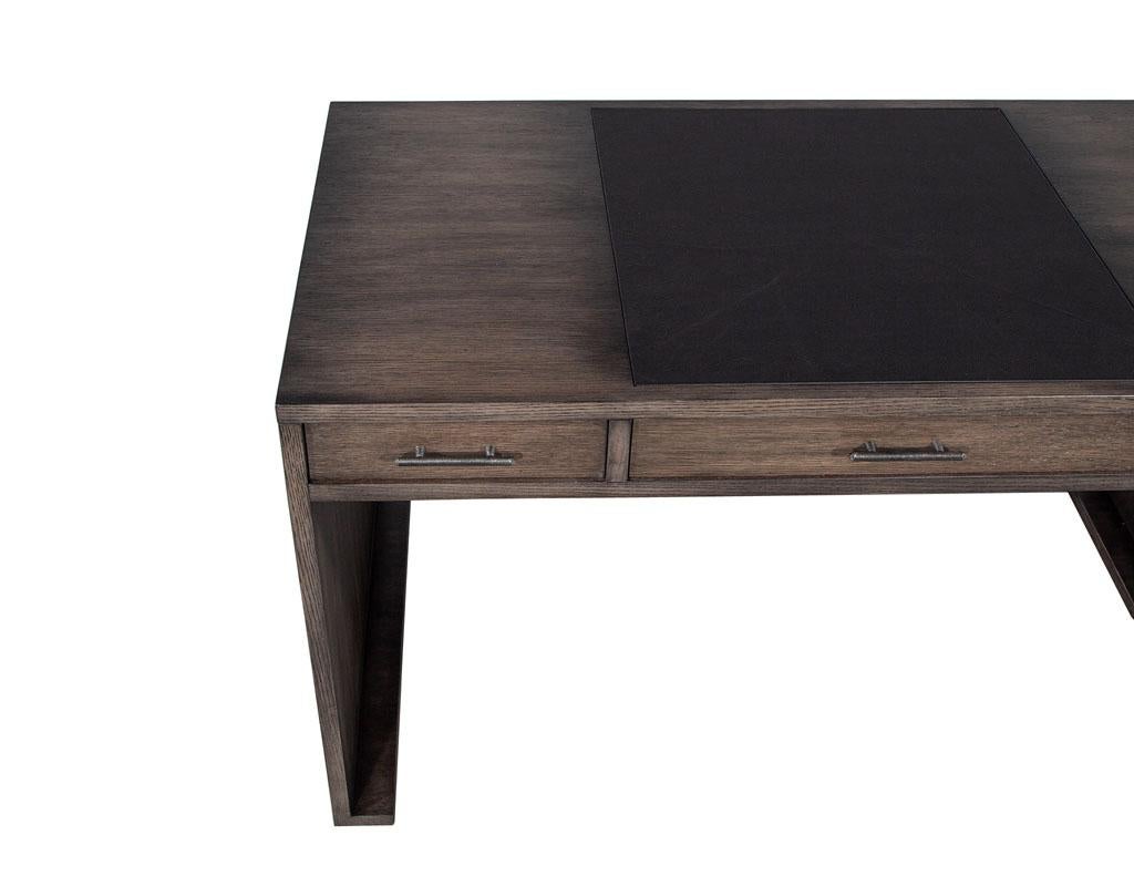 Modern Minimalist Oak Leather Top Writing Desk For Sale 1