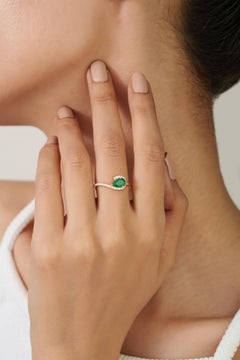 Modern Minimalist Pear Shape Emerald & Diamond Halo Ring in 14K Yellow Gold