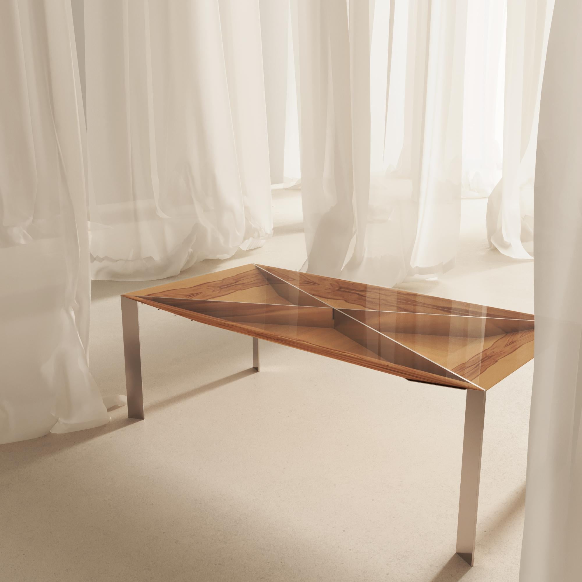 Table de salle à manger rectangulaire moderne et minimaliste en bois de satin et acier inoxydable brossé en vente 3