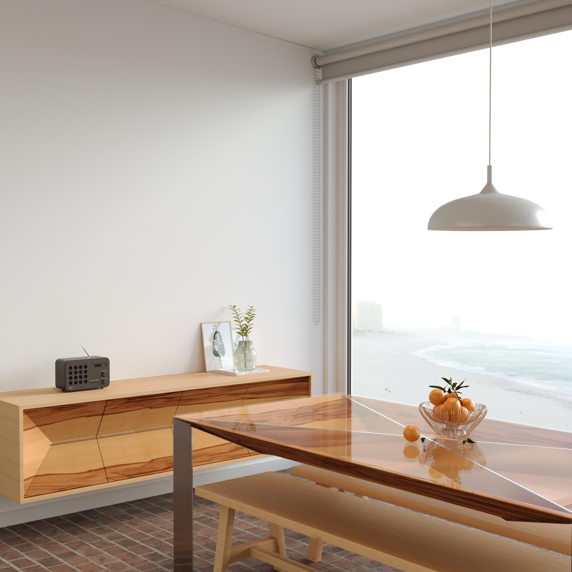 XXIe siècle et contemporain Table de salle à manger rectangulaire moderne et minimaliste en bois de satin et acier inoxydable brossé en vente