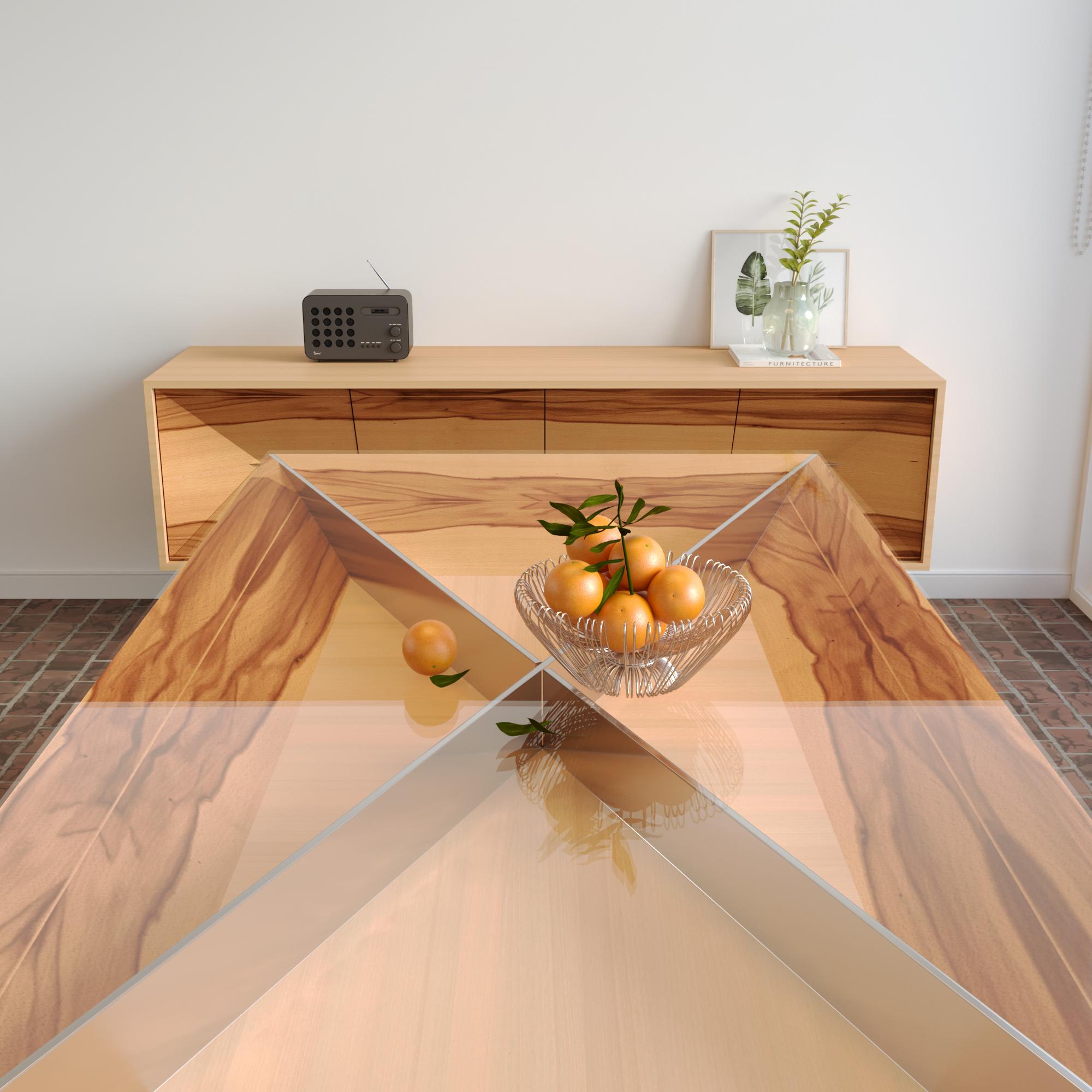 Table de salle à manger rectangulaire moderne et minimaliste en bois de satin et acier inoxydable brossé en vente 1
