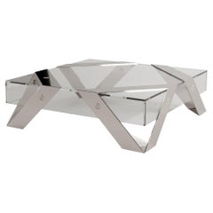 Modern Minimalist Square Center Coffee Table Glass and Polished Stainless Steel