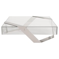 Moderner, minimalistischer, quadratischer Couchtisch aus Glas und poliertem Edelstahl