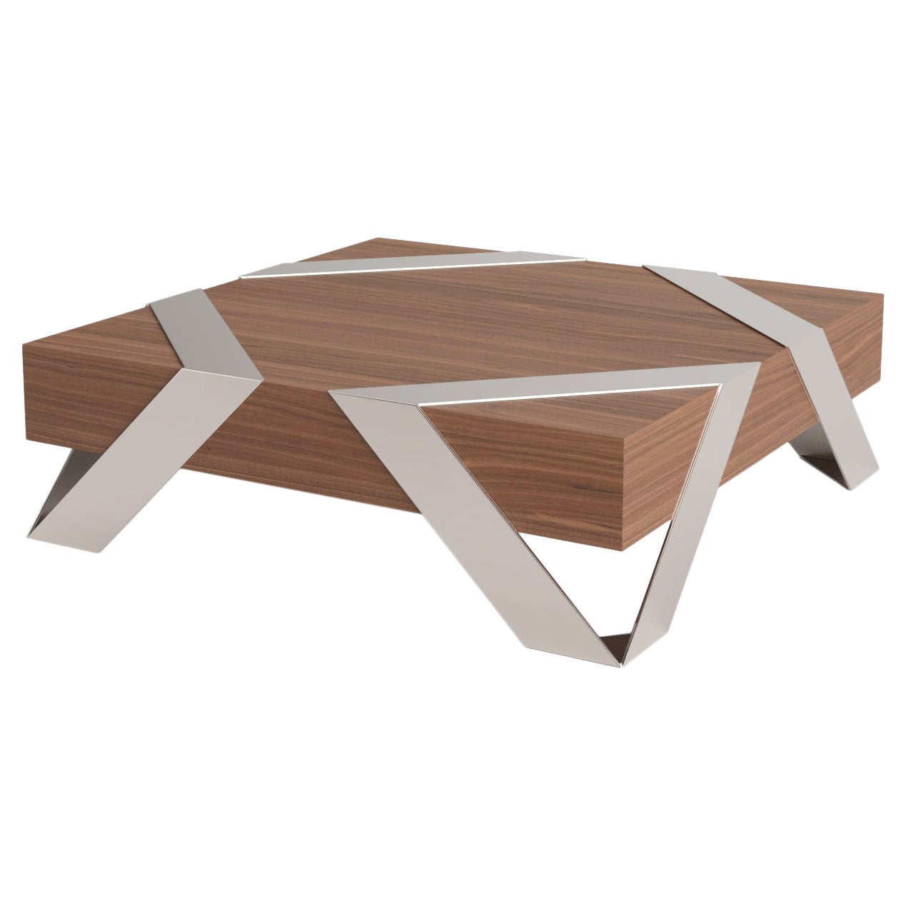 Modern Minimalist Square Center Coffee Table Walnut Wood Brushed Stainless Steel