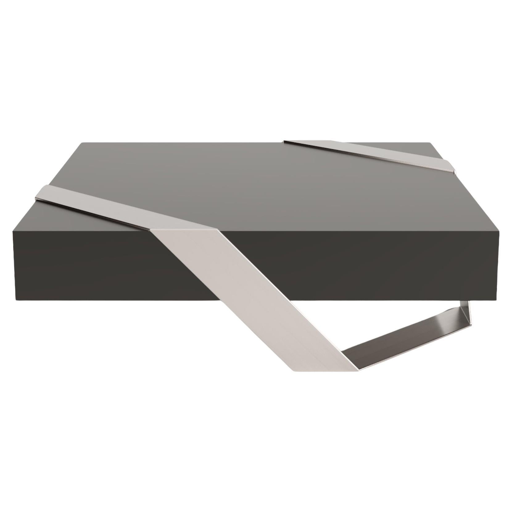 Square Coffee Table, Modern Minimalist, Black Lacquer and Stainless Steel