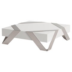 Modern Minimalist Square Coffee Table White Lacquer Brushed Stainless Steel