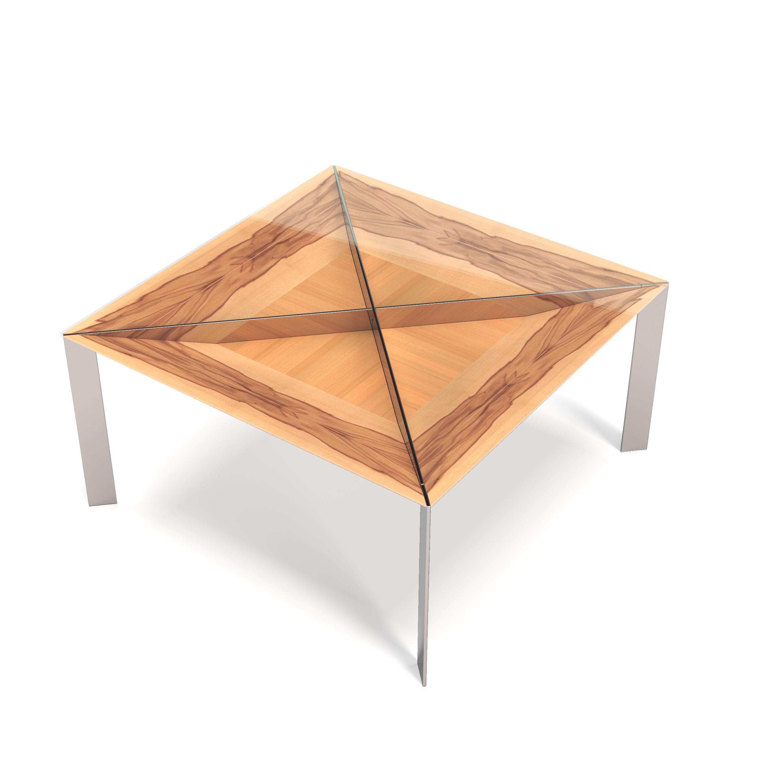 Moderne Table de salle à manger carrée et minimaliste moderne en bois de satin et acier inoxydable brossé en vente