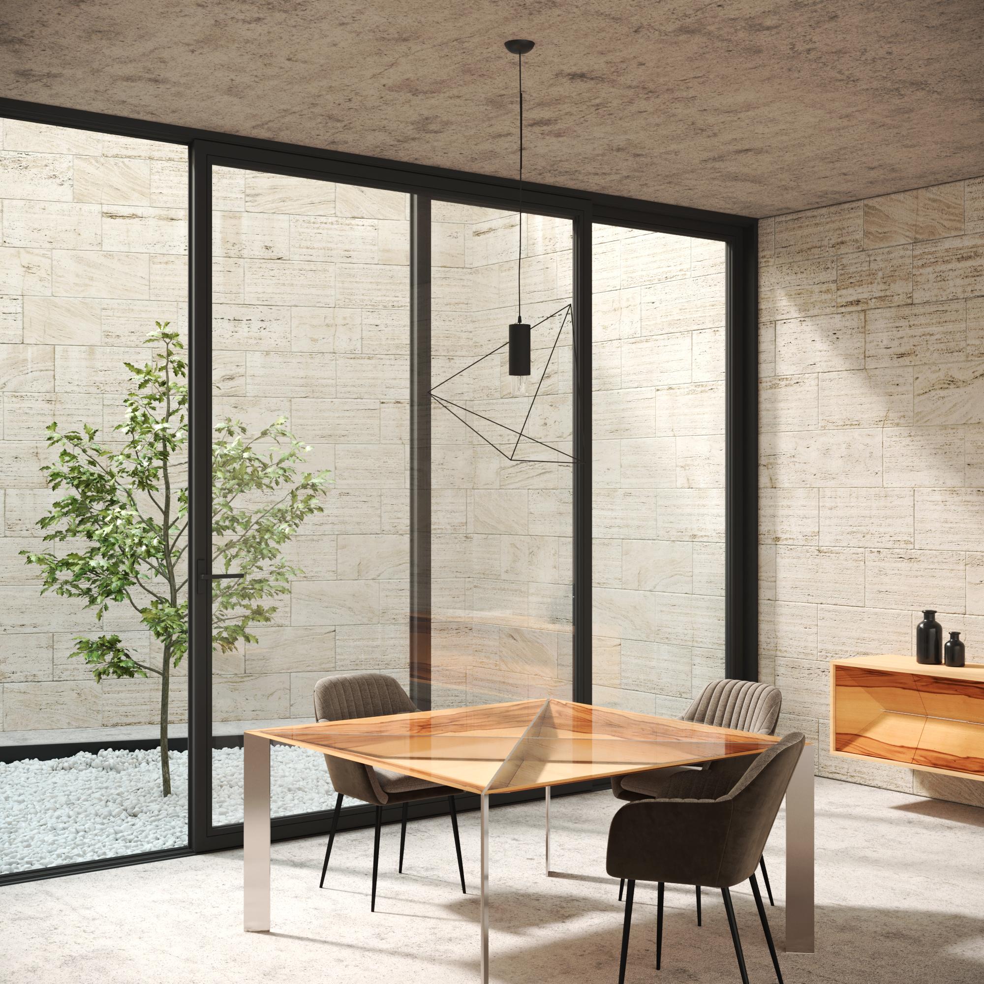 Portugais Table de salle à manger carrée et minimaliste moderne en bois de satin et acier inoxydable brossé en vente