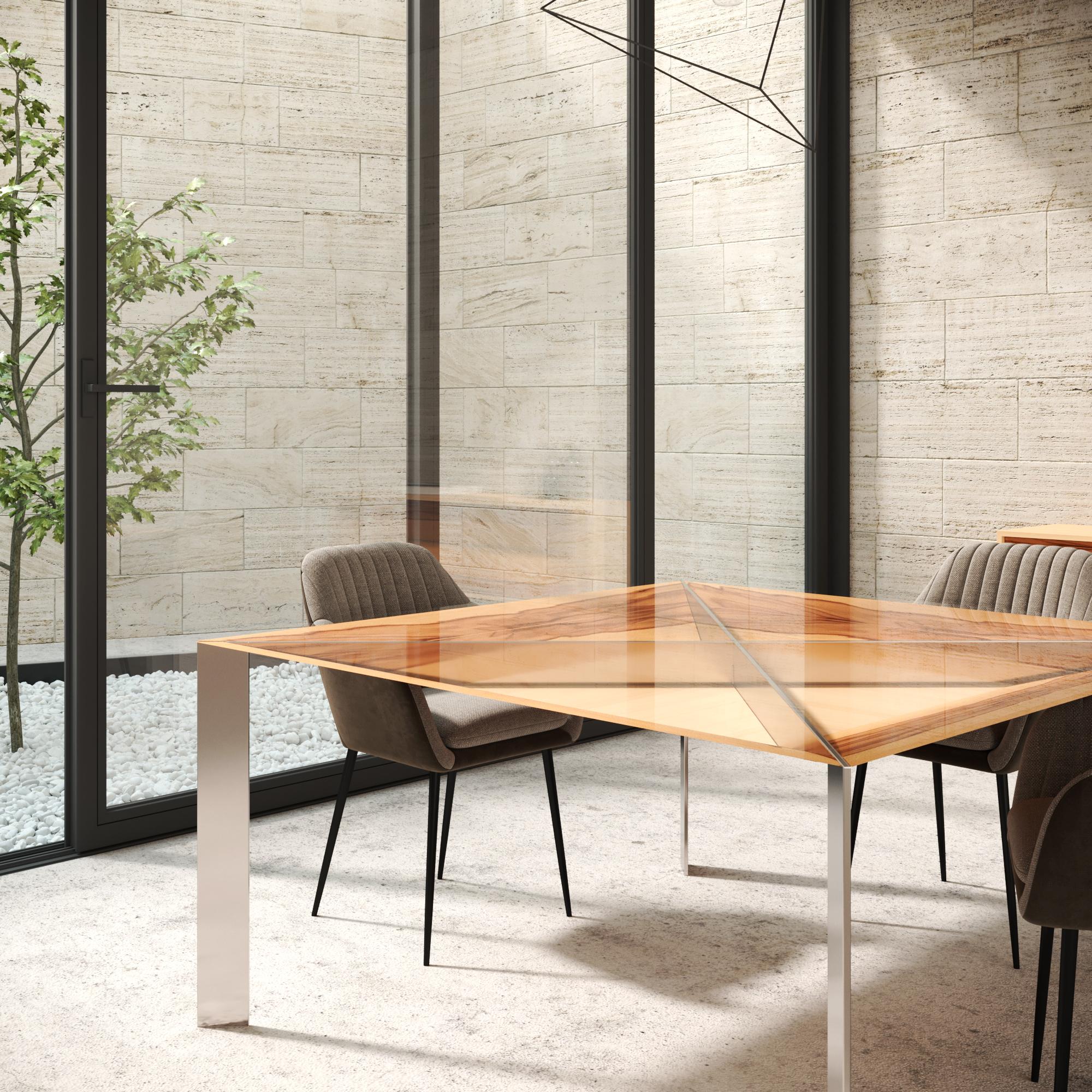 Brossé Table de salle à manger carrée et minimaliste moderne en bois de satin et acier inoxydable brossé en vente