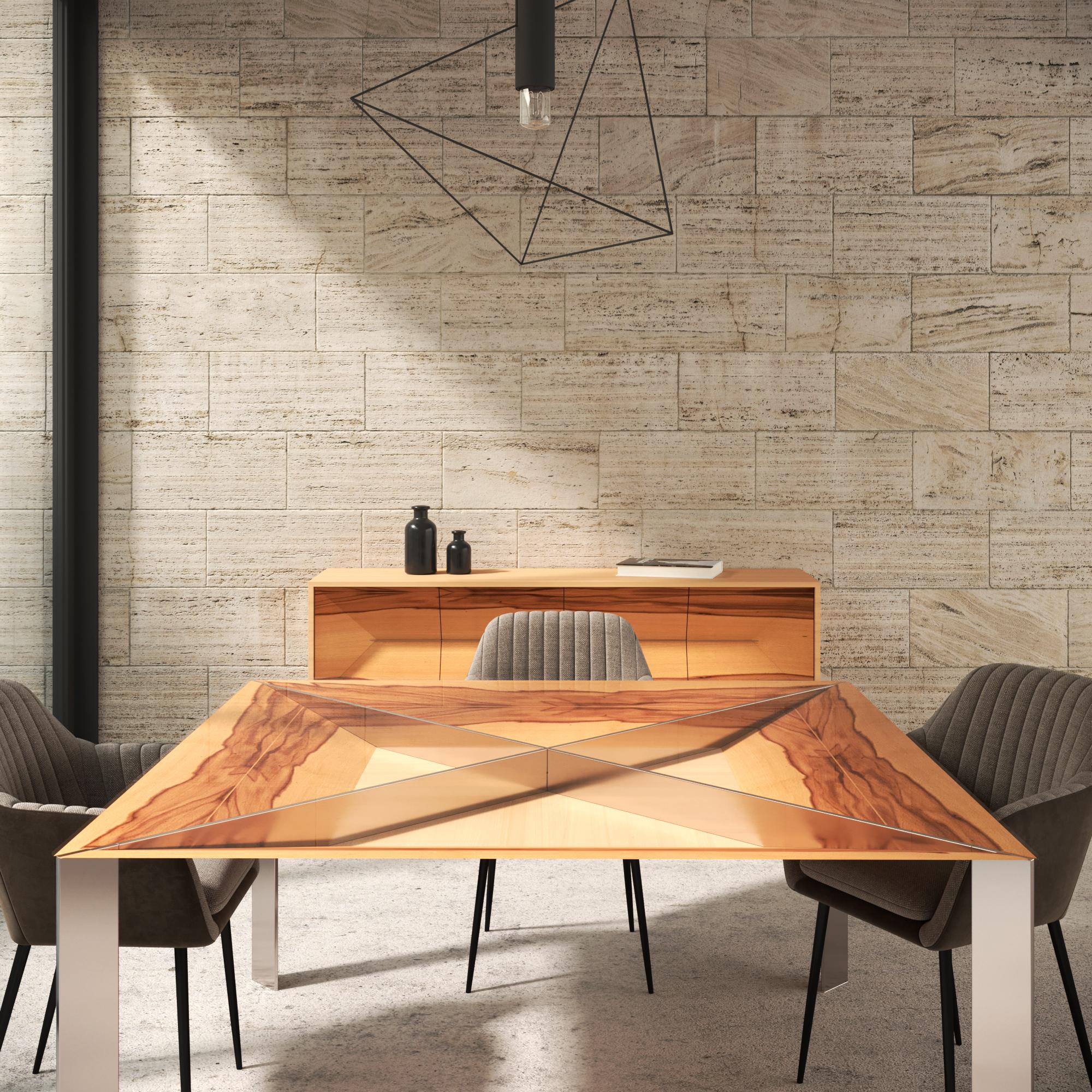 Table de salle à manger carrée et minimaliste moderne en bois de satin et acier inoxydable brossé Neuf - En vente à Vila Nova Famalicão, PT