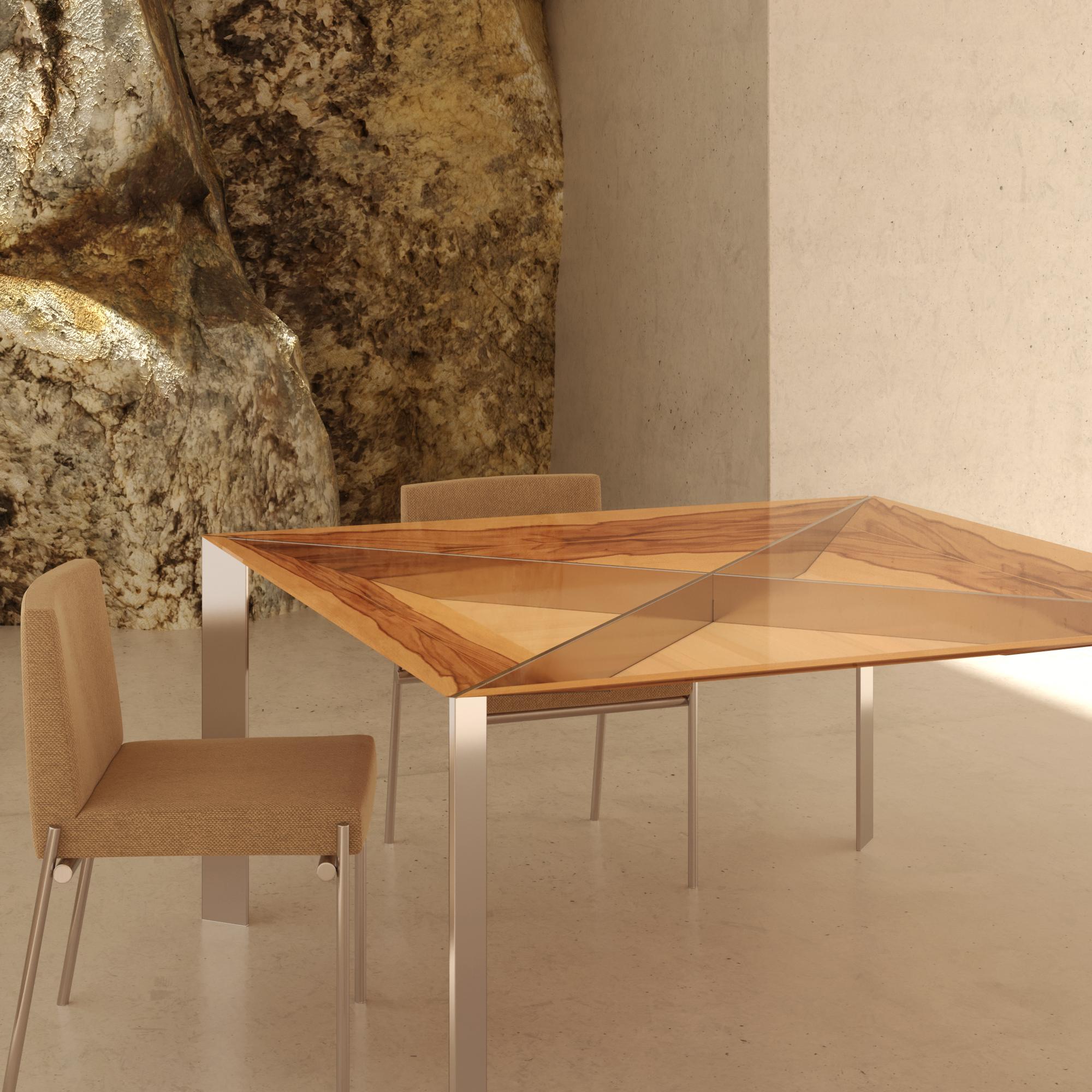 XXIe siècle et contemporain Table de salle à manger carrée et minimaliste moderne en bois de satin et acier inoxydable brossé en vente