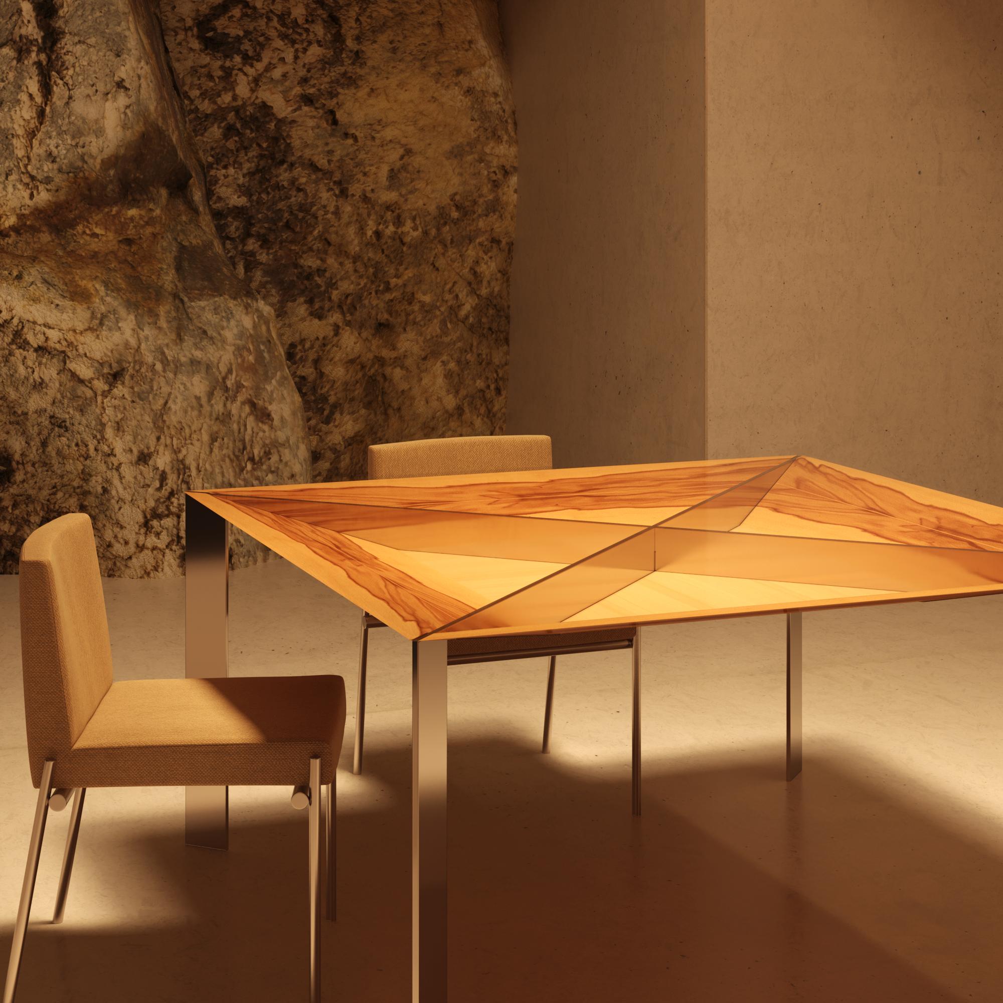 Métal Table de salle à manger carrée et minimaliste moderne en bois de satin et acier inoxydable brossé en vente