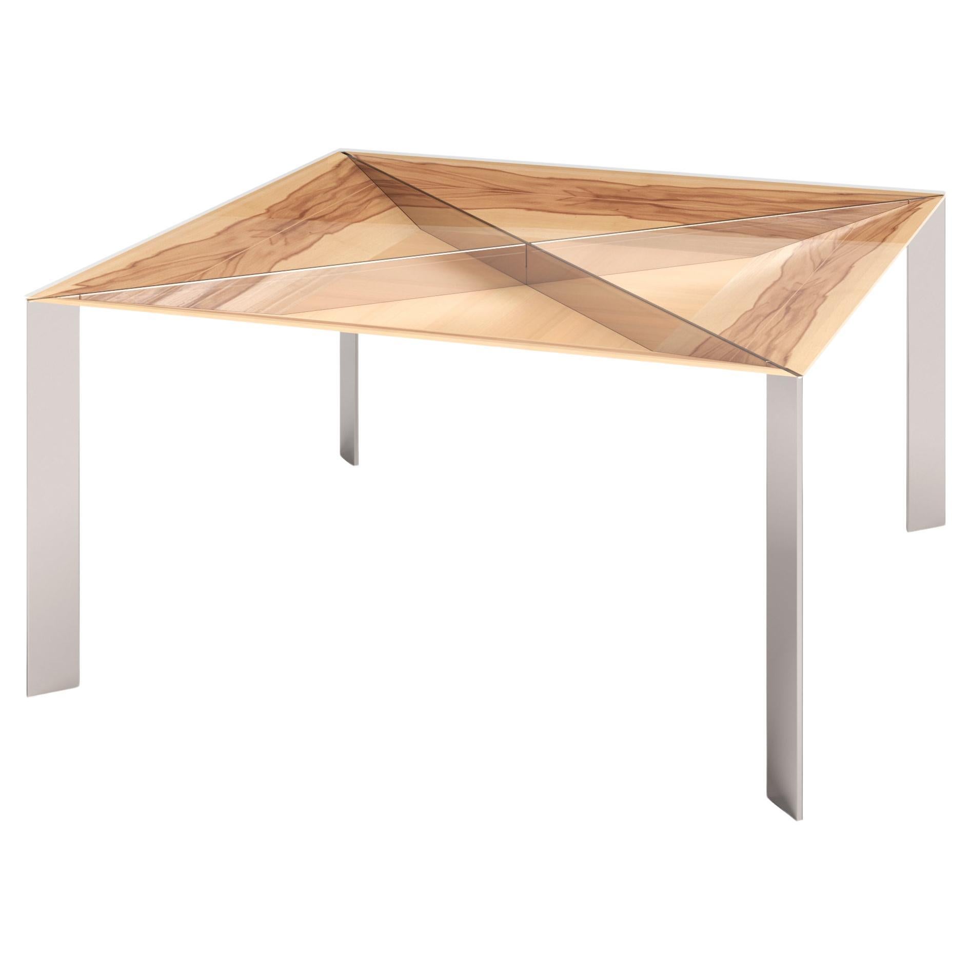 Table de salle à manger carrée et minimaliste moderne en bois de satin et acier inoxydable brossé en vente