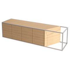 Aparador Credenza Suspendida Moderna Minimalista Madera de Roble Acero Inoxidable Cepillado