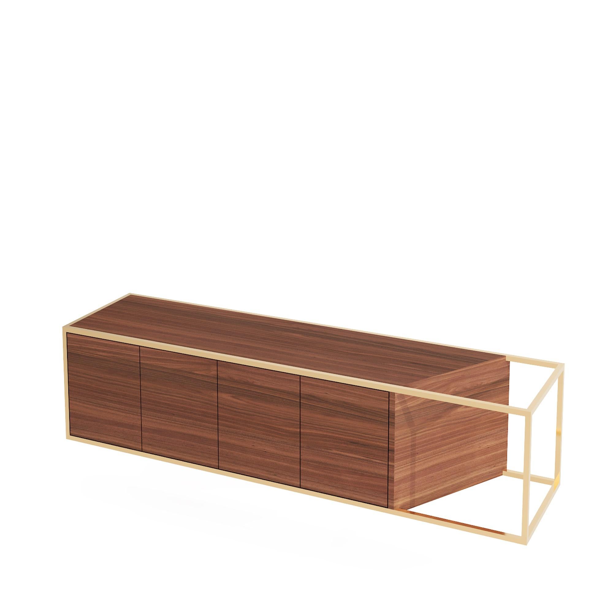 Modern Minimalist Suspended Credenza Sideboard Walnut Wood and Gold Finish For Sale