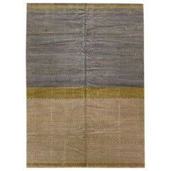 Modern Minimalist Tibetan Handmade Wool & Silk Rug in Earthy Tones