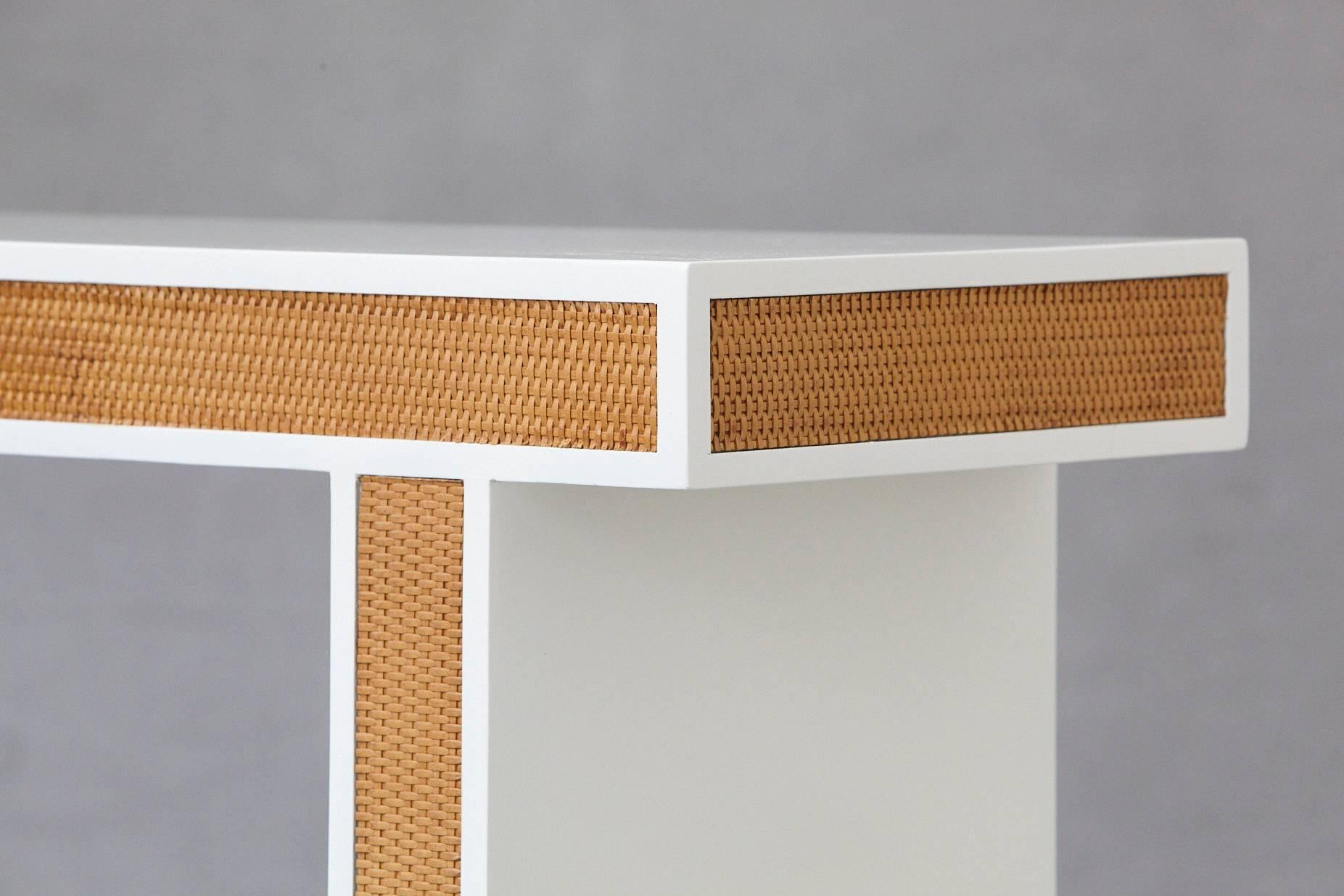 Modern Console with Rattan Siding in New Dove White Gloss Lacquer, circa 1970s 3