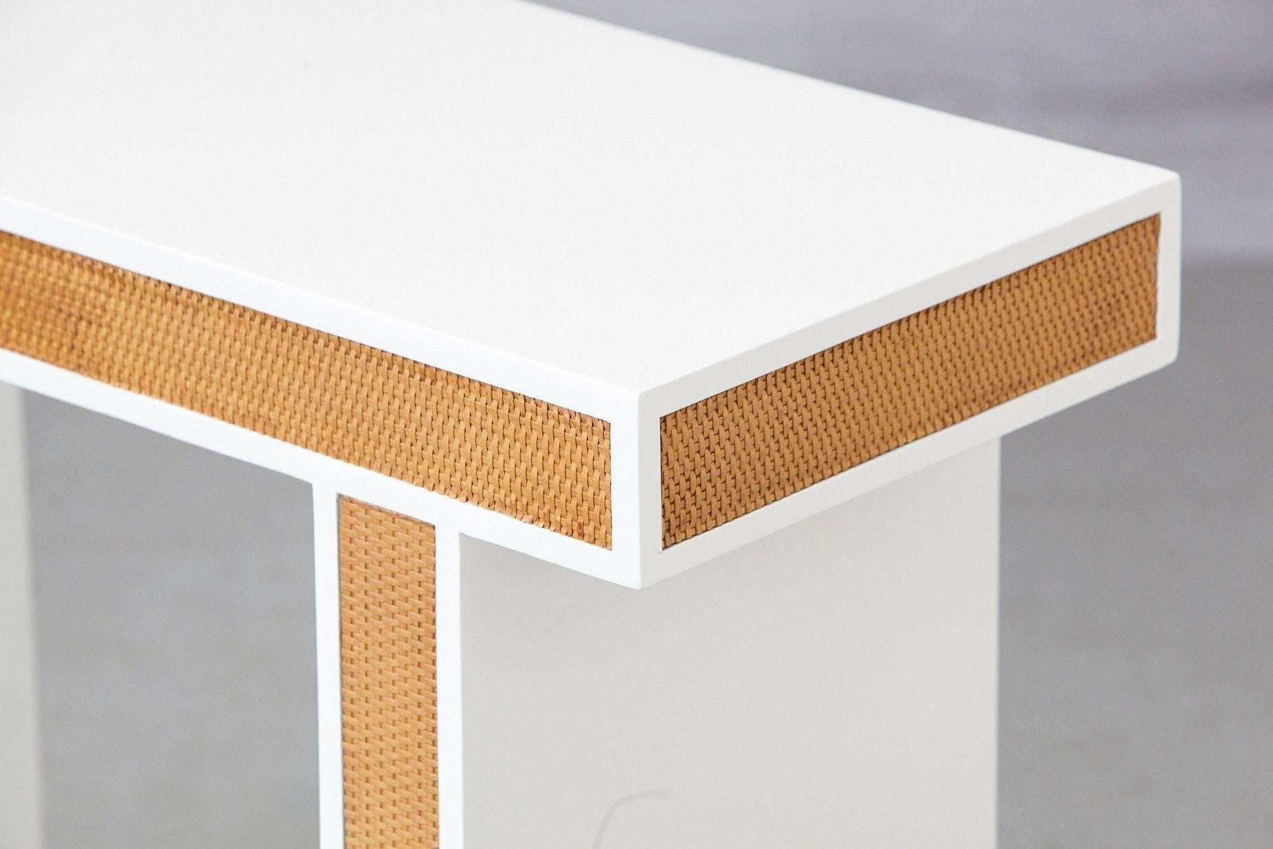 Lacquered Modern Console with Rattan Siding in New Dove White Gloss Lacquer, circa 1970s