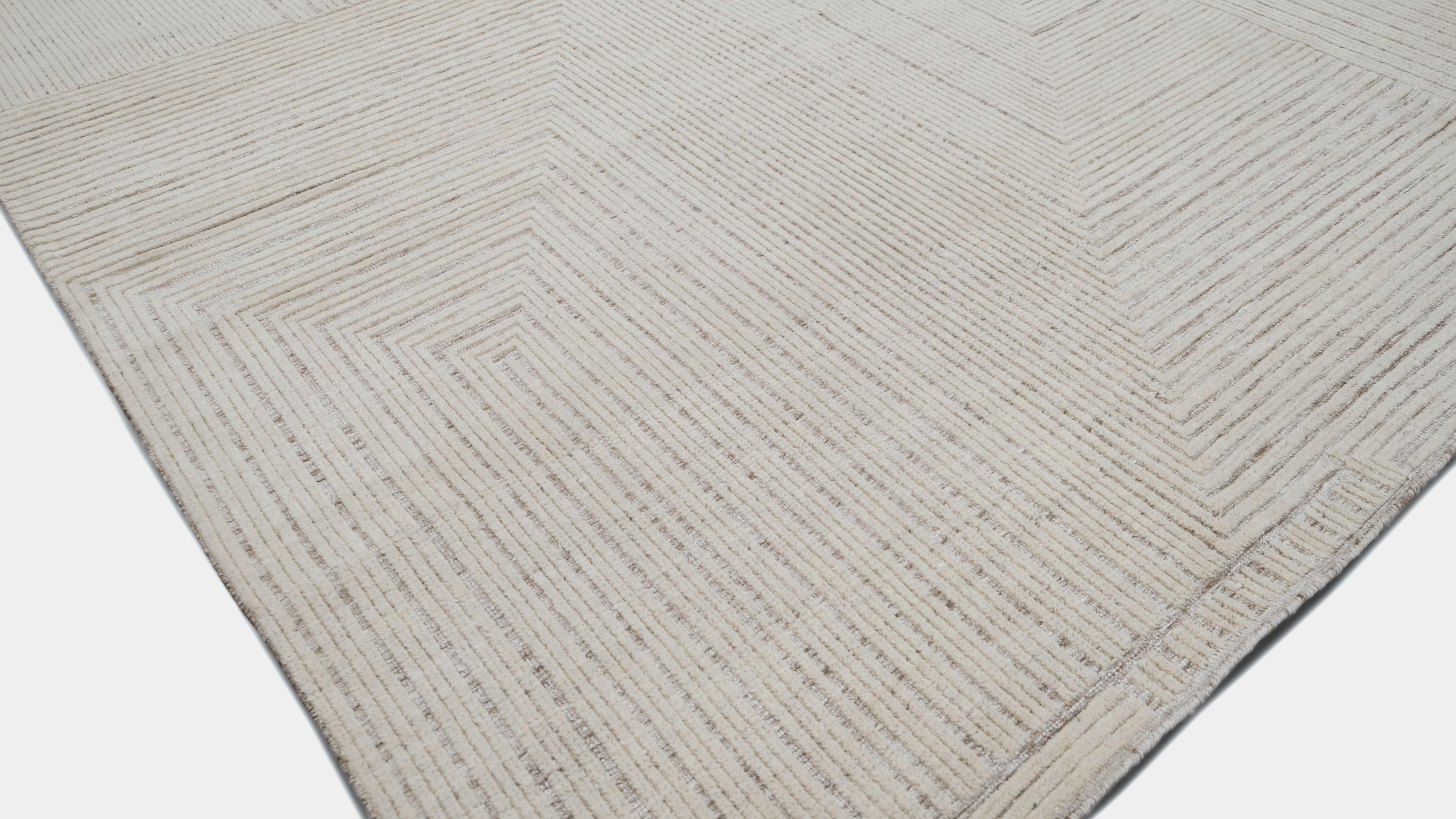 Moderner minimalistischer elfenbeinfarbener cremefarbener geometrischer gemusterter Wollteppich 11'6''x15'9'' (Skandinavische Moderne) im Angebot