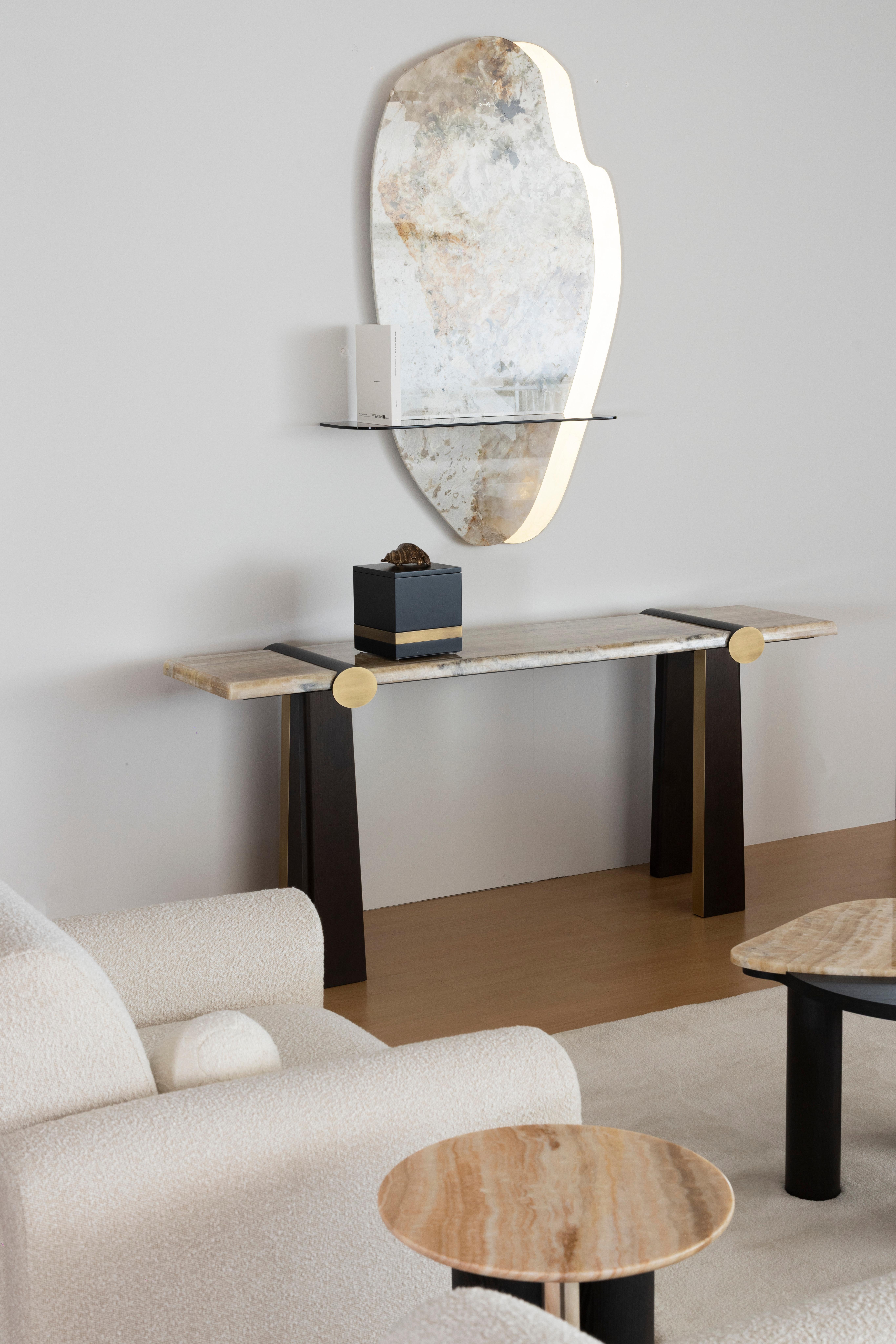 Portuguese Modern Mira Console Table, Onyx Miel, Brass, Handmade in Portugal by Greenapple For Sale