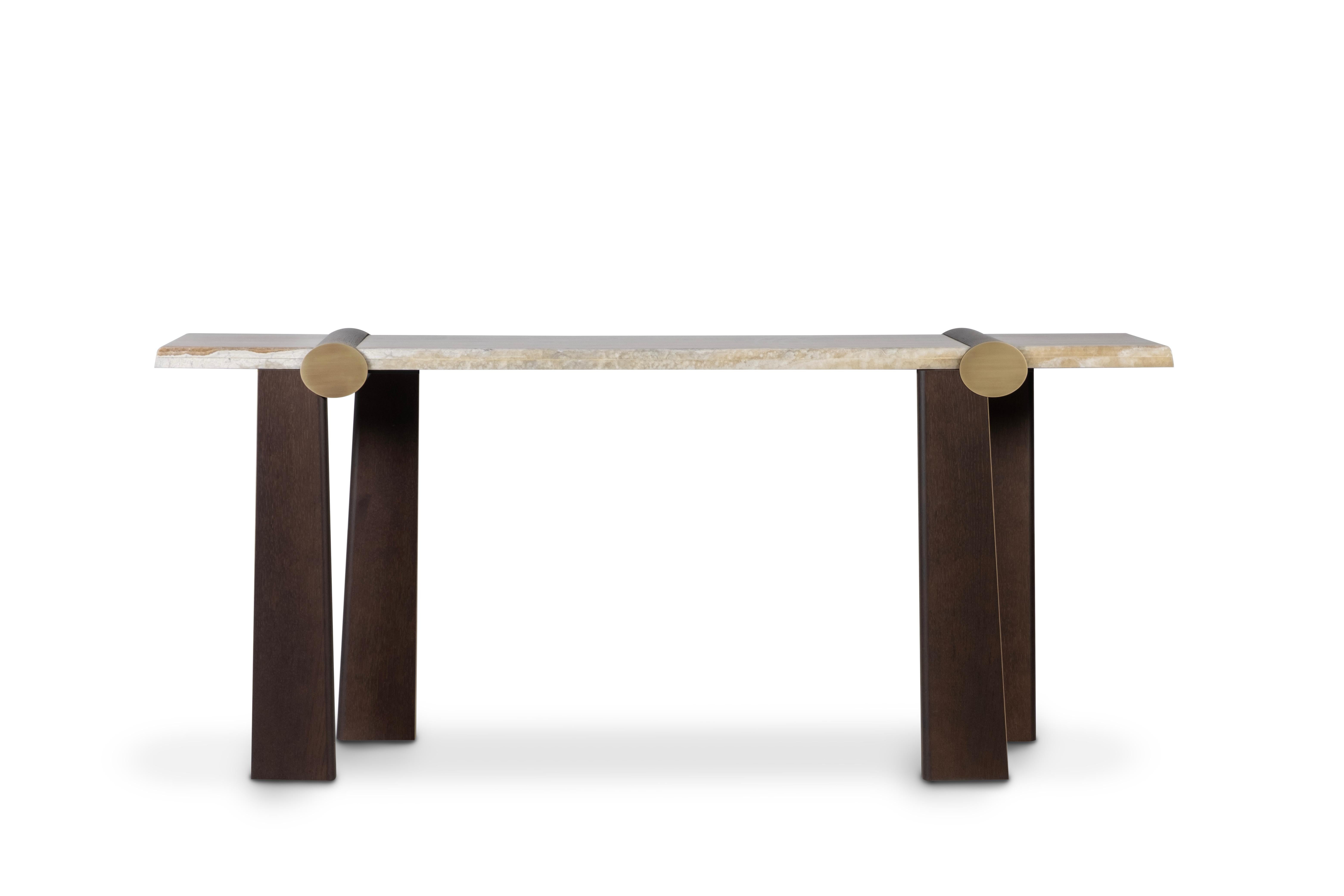 Hand-Carved Modern Mira Console Table, Onyx Miel, Brass, Handmade in Portugal by Greenapple For Sale
