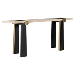Table console moderne en travertin Mira, laiton, fait main au Portugal par Greenapple