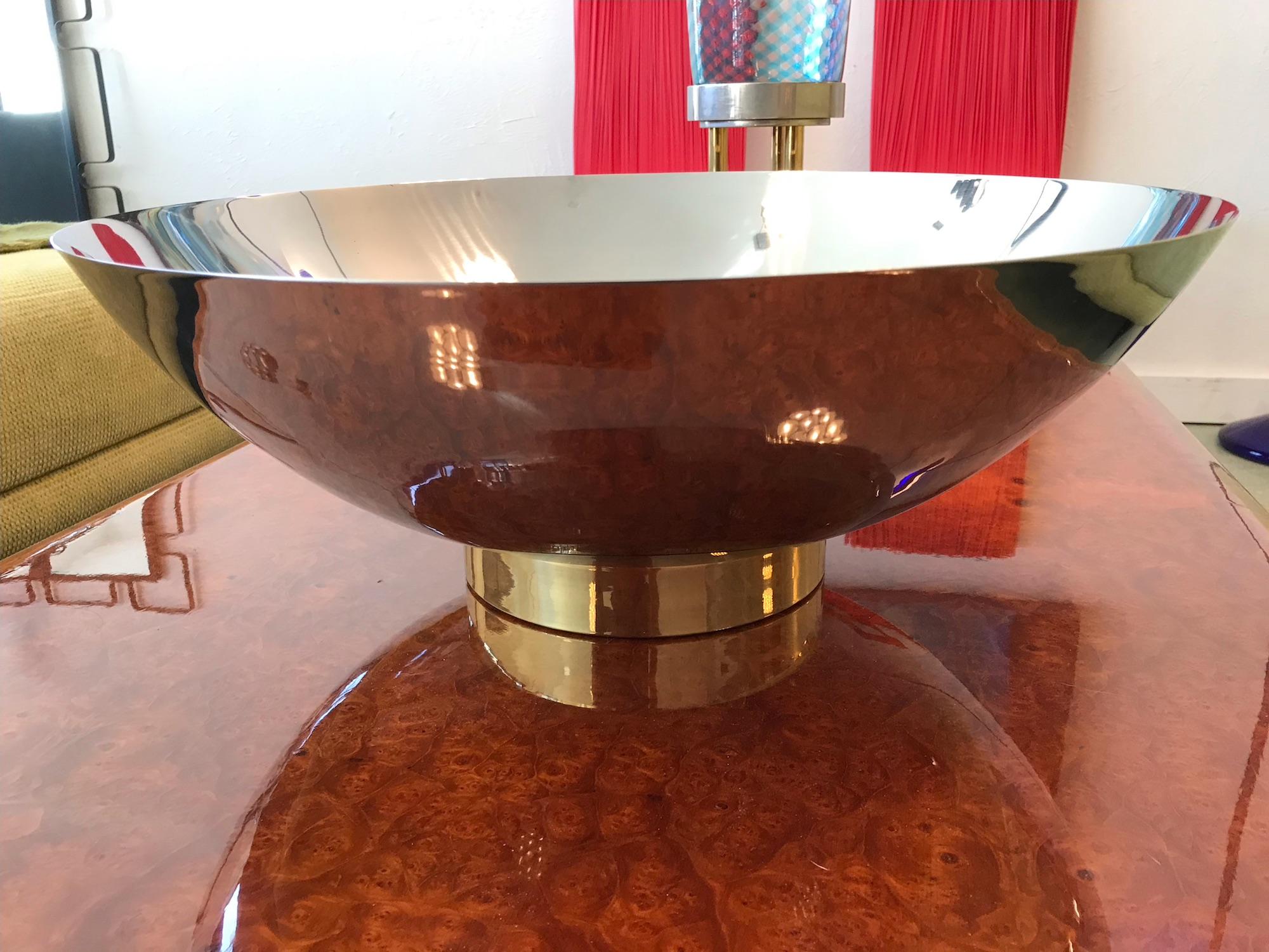 Modern Mirror Polished Chrome and Brass Centerpiece Bowl Art Deco Machine Age For Sale 2