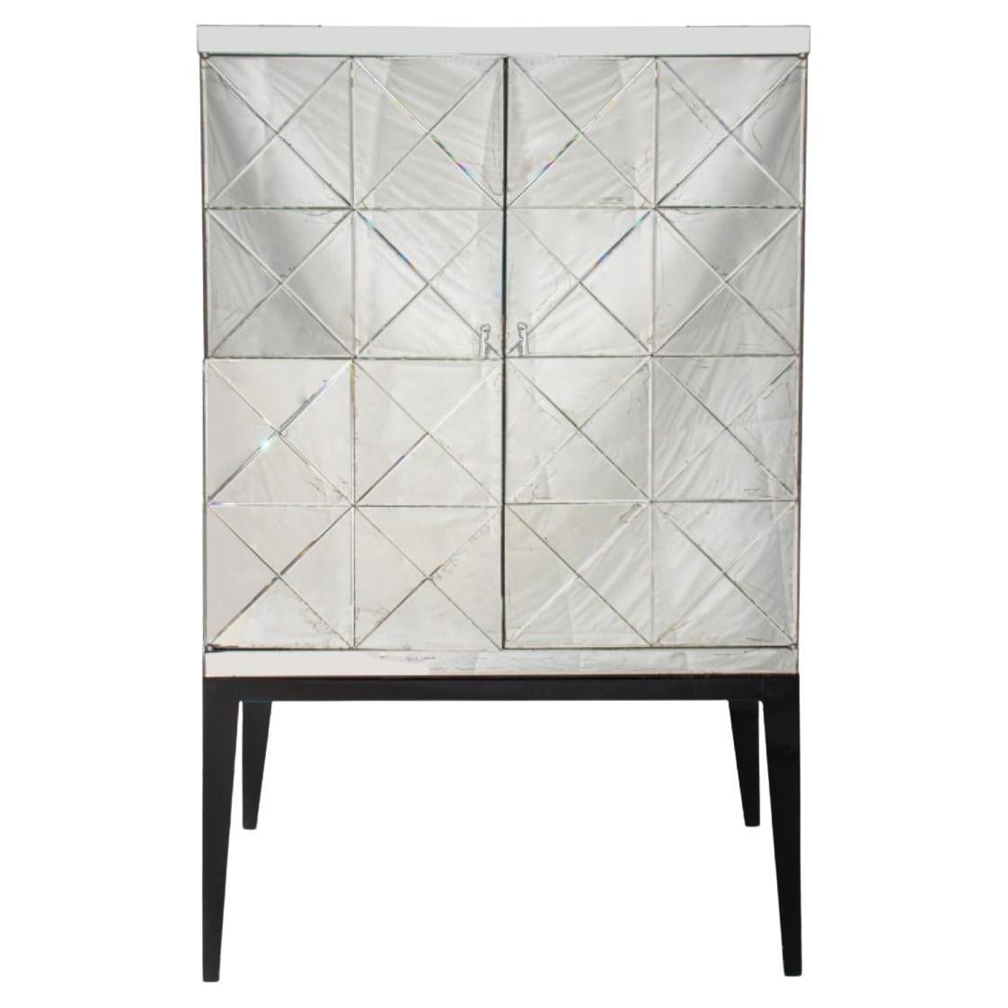 Modern Mirrored Ebonized Wood Two Door Cabinet For Sale