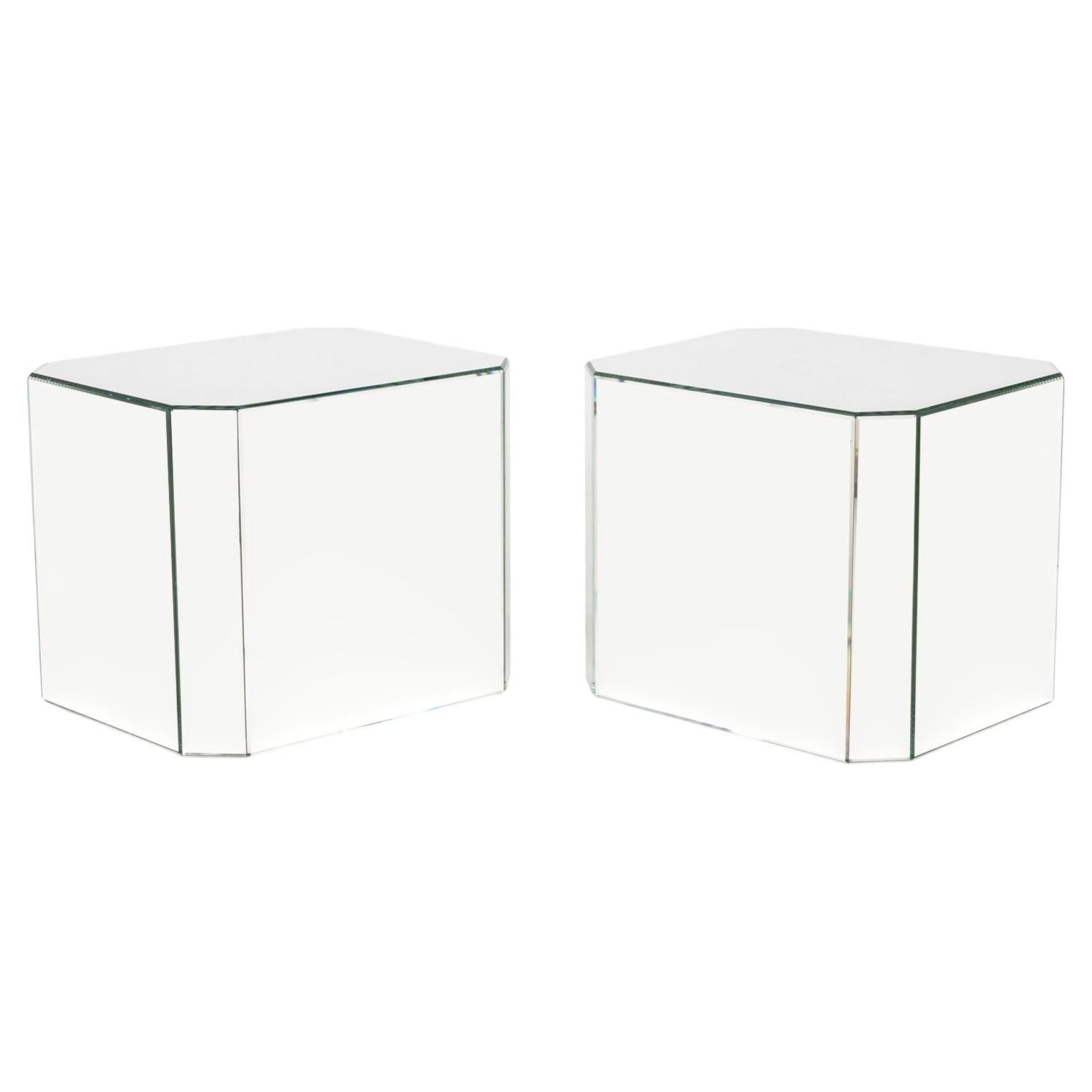 Pair of Modern Mirrored Pedestal Tables with Beveled Edges For Sale