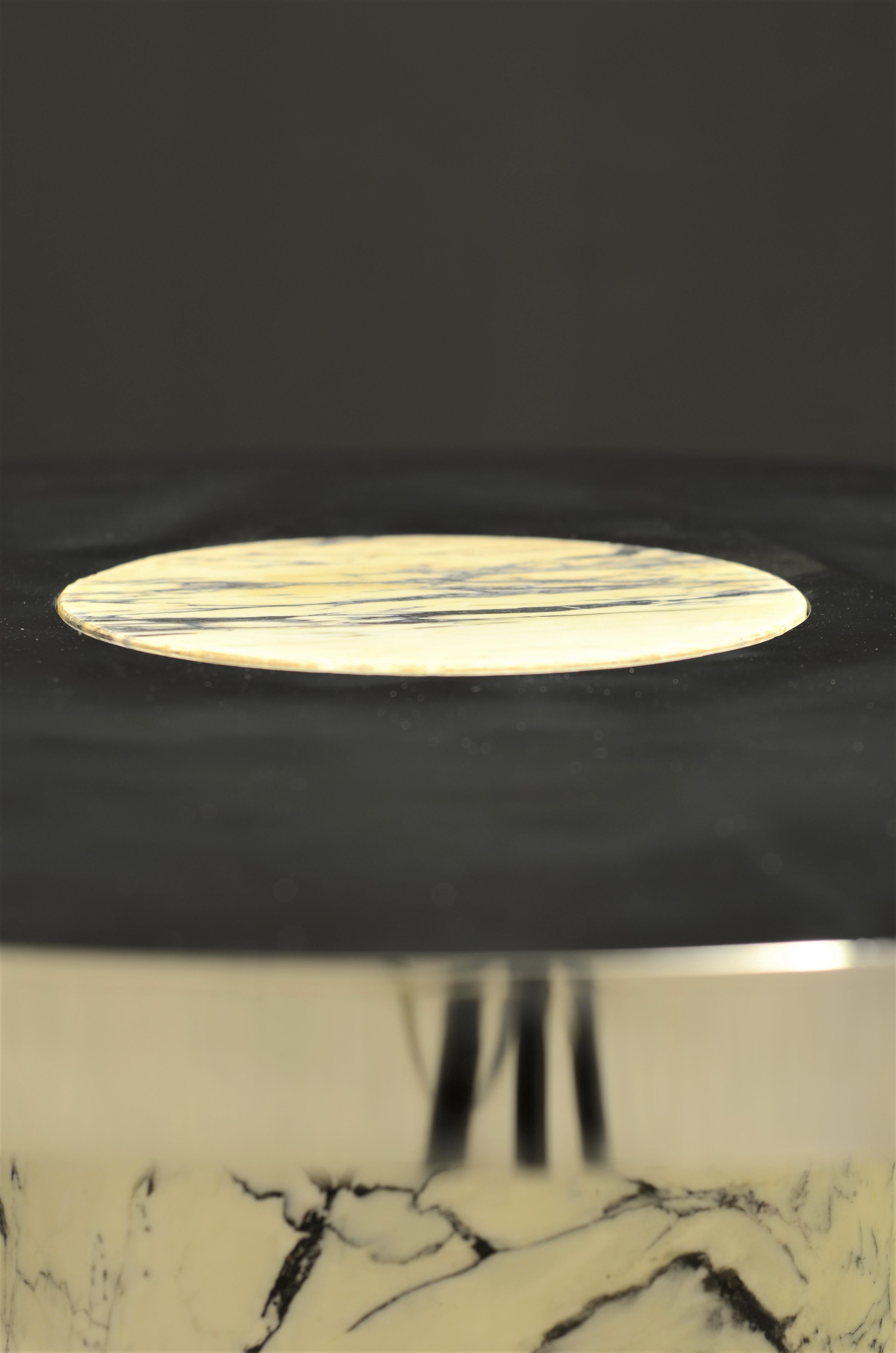 Polished Modern Mirrored Stainless Steel Table with Solid Paonazzetto Marble Base