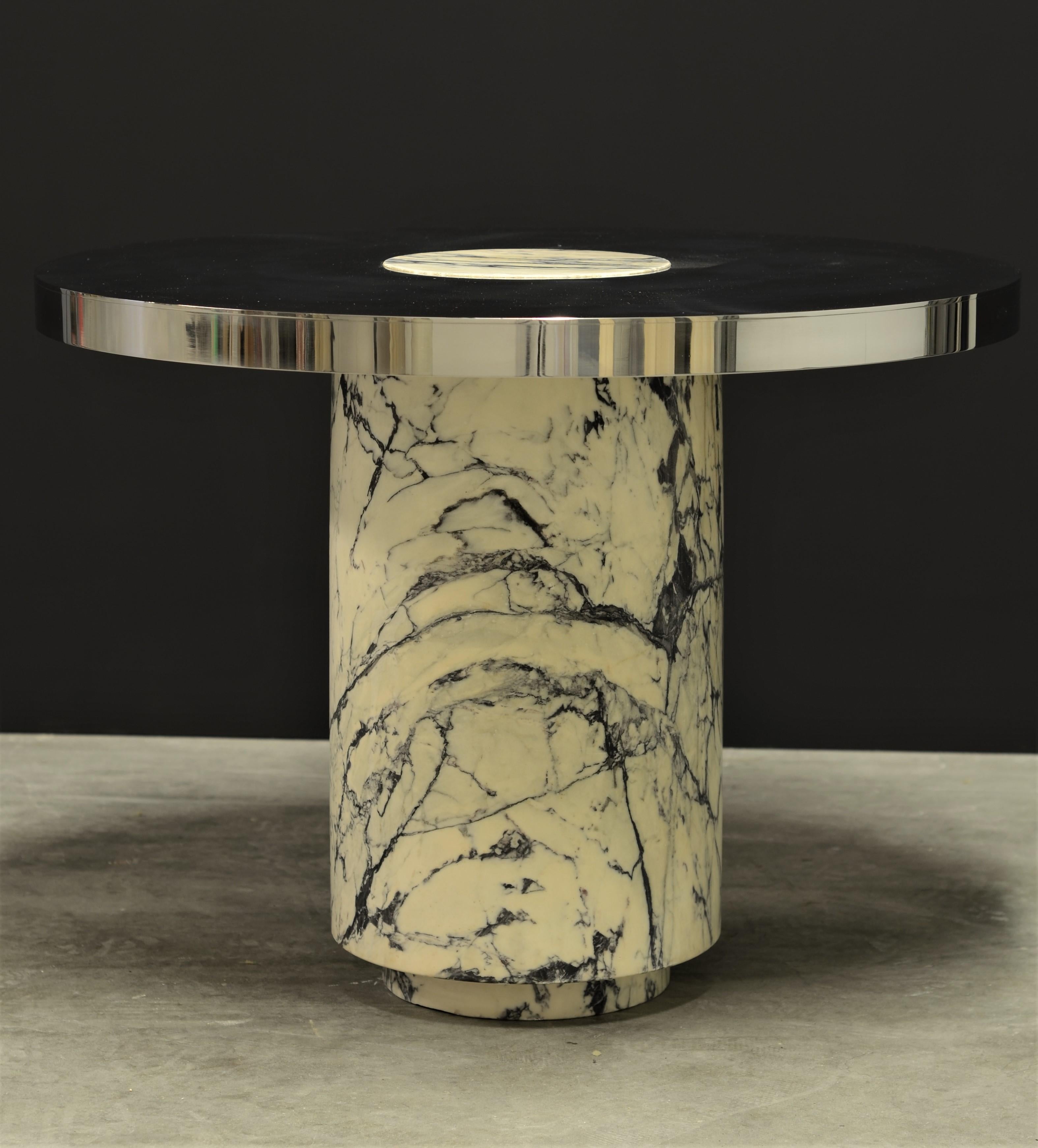 Modern Mirrored Stainless Steel Table with Solid Paonazzetto Marble Base 3