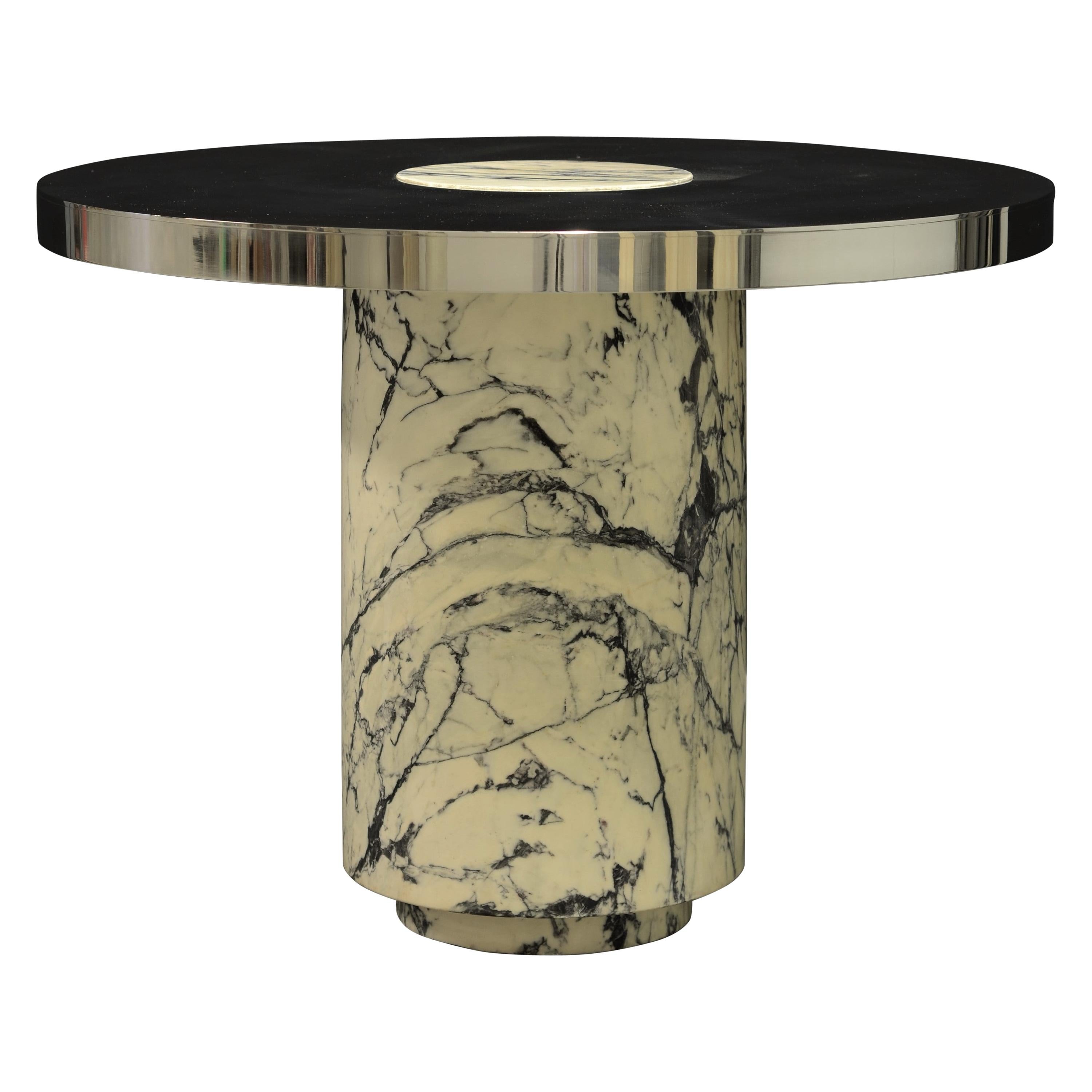 Modern Mirrored Stainless Steel Table with Solid Paonazzetto Marble Base