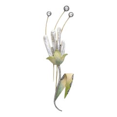 Modern Mississippi Pearl, Diamond, Enamel, Gold and Silver Flower Brooch