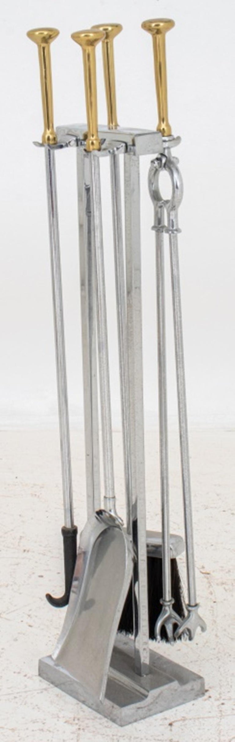 Modern Mixed Metal Chrome Brass Fireplace Tool Set For Sale at 1stDibs
