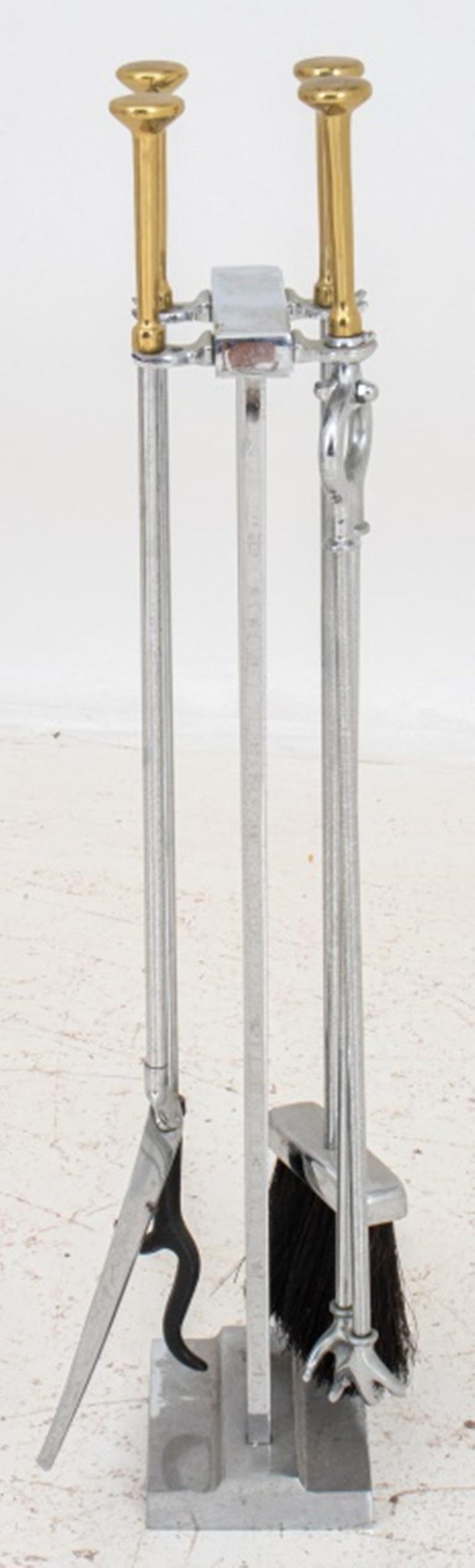 Modern Mixed Metal Chrome Brass Fireplace Tool Set For Sale at 1stDibs