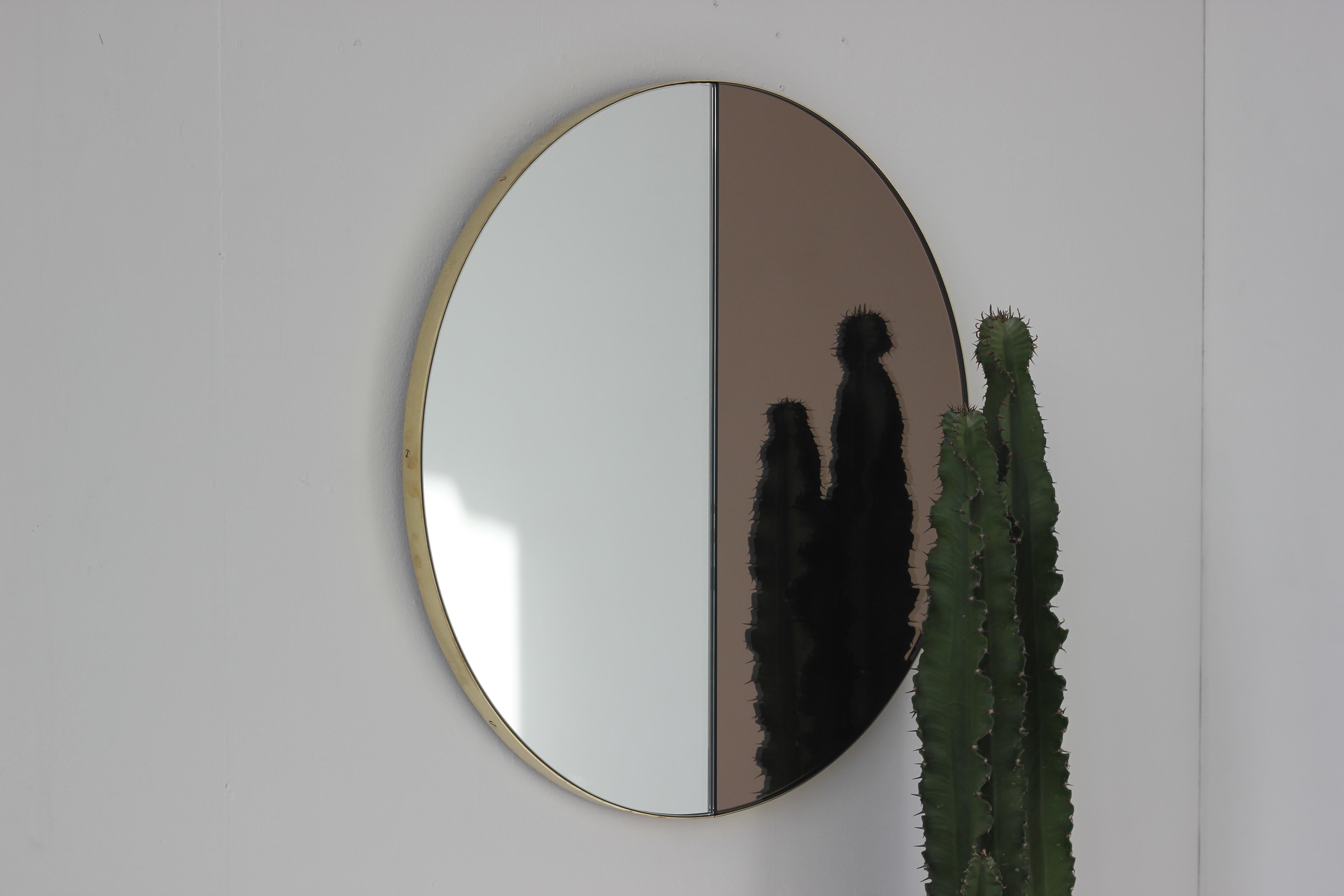 British Orbis Dualis Mixed Tinted Silver Bronze Round Mirror with Brass Frame, Small