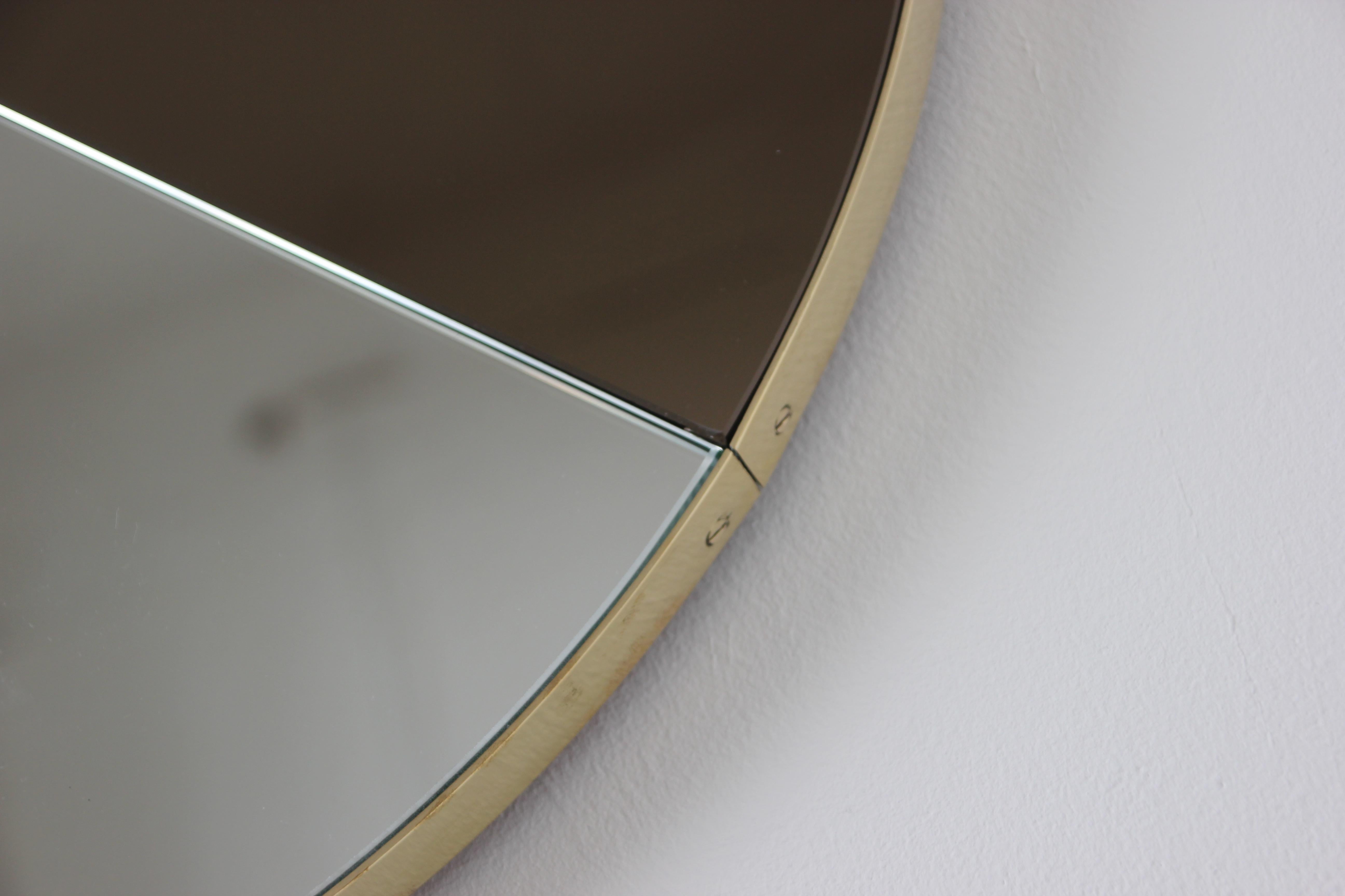 Contemporary Orbis Dualis Mixed Tinted Silver Bronze Round Mirror with Brass Frame, Small For Sale