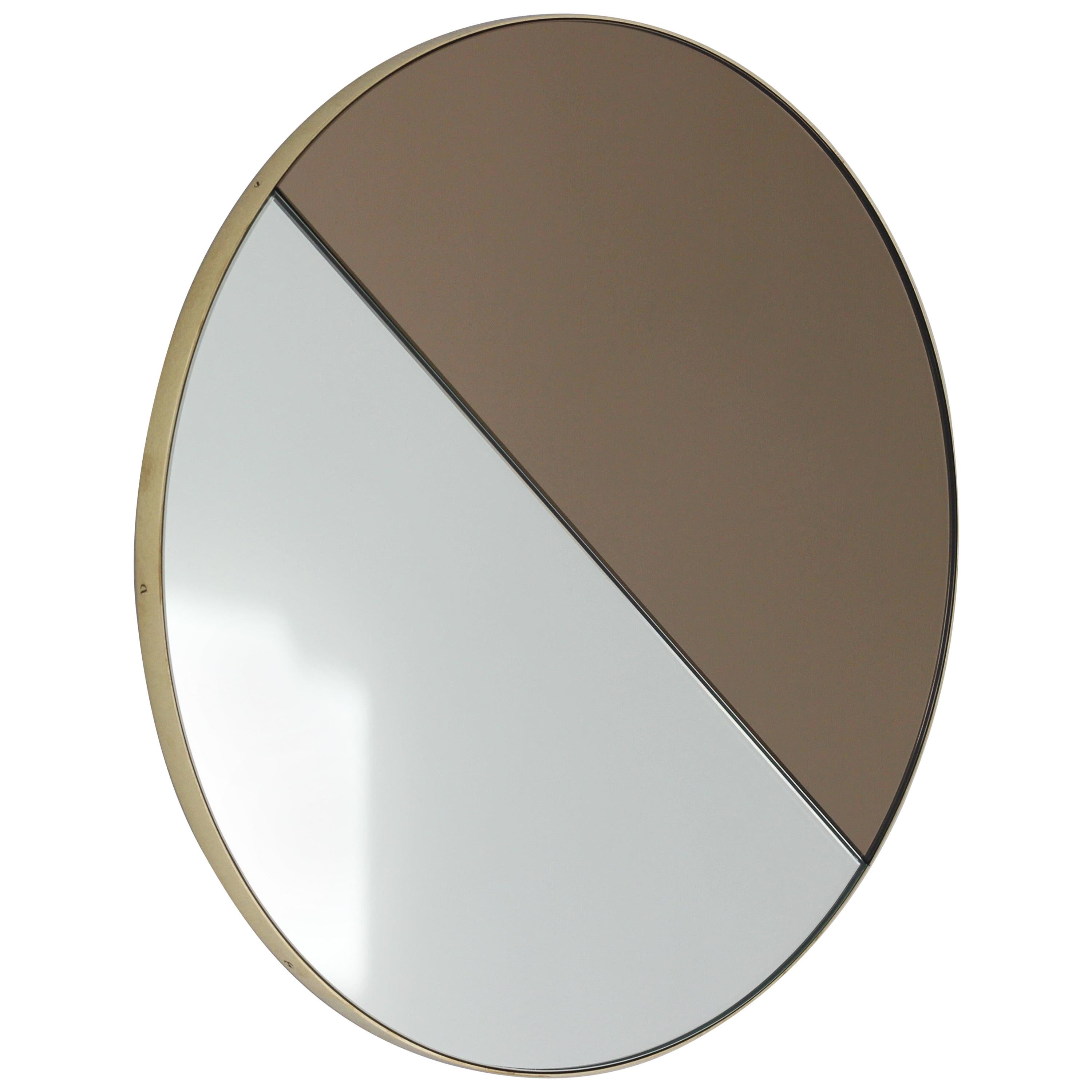 Orbis Dualis Mixed Tinted Silver Bronze Round Mirror with Brass Frame, Small For Sale