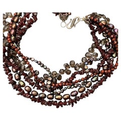 Modern/Mod Sterling Silver Real Gemstone & Pearl Torsade Necklace