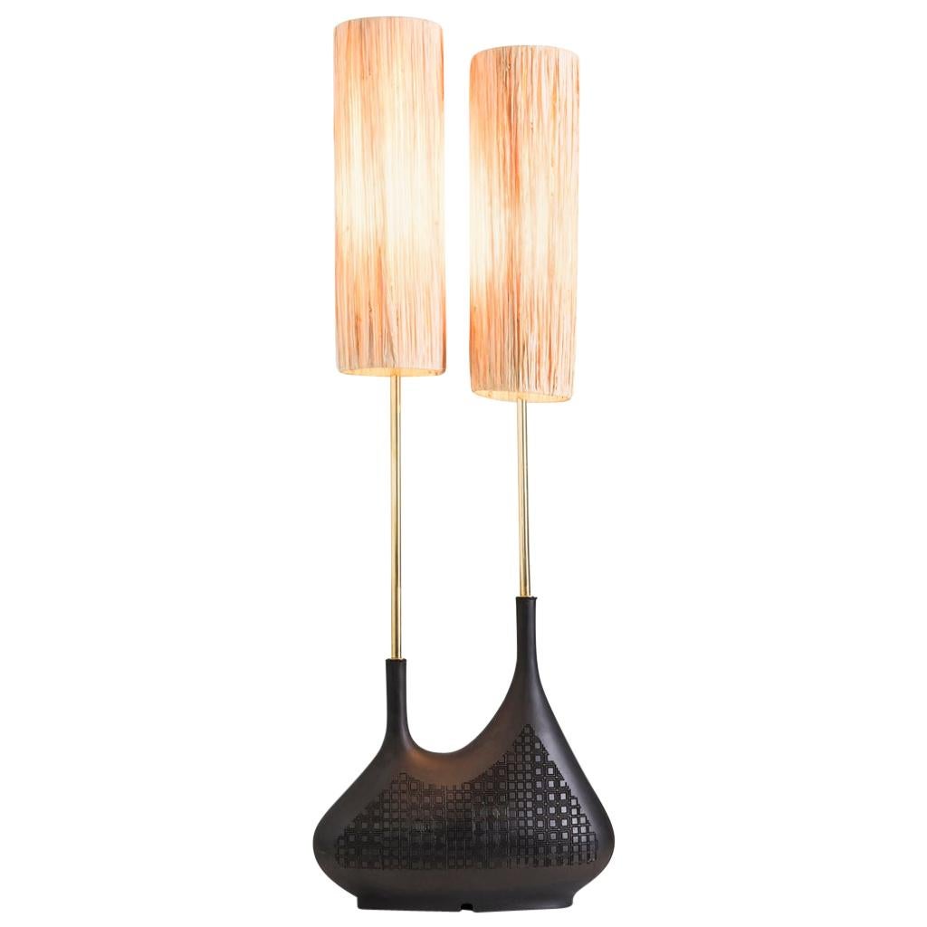 Modern:: Modernist Style:: Guss-Verbindung:: Messing & Raffia Doppelarm Pod Tischlampe