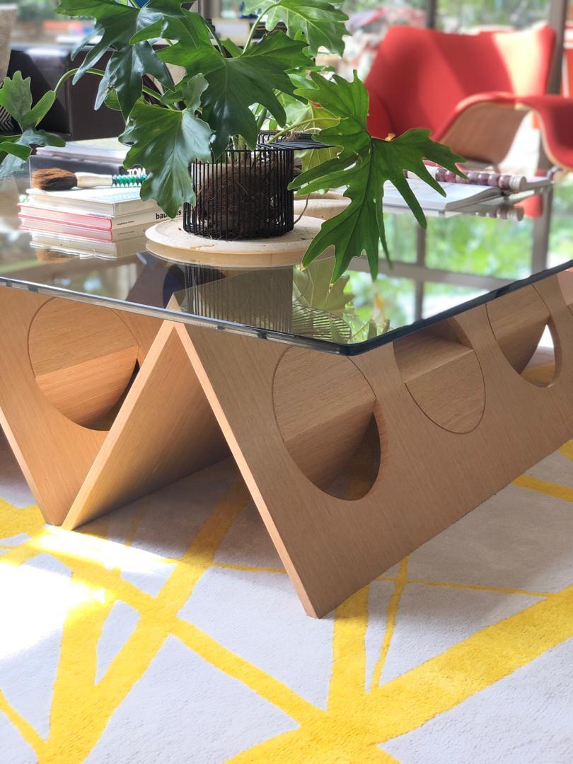 American Geometric Modular Coffee Table Oak Wood Glass on top by Ana Volante For Sale