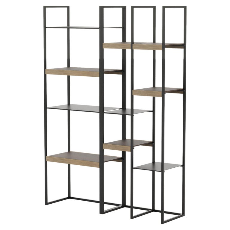 Modern Modular Slender Bookcase Made with Walnut, Iron and Brass by