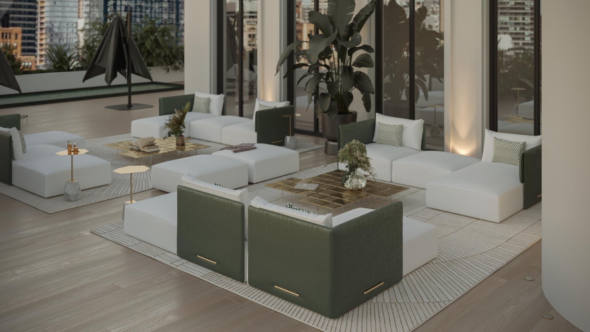 Canapé modulaire moderne pour l'extérieur avec détails en cuir vert et plaqué or  en vente 1