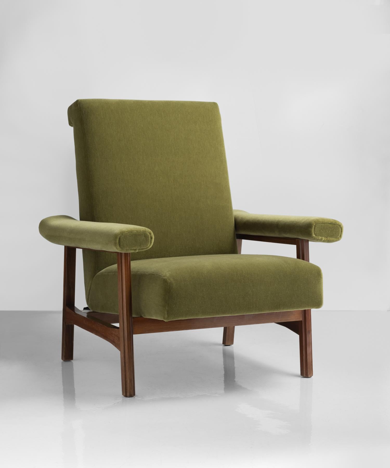 Modern mohair and teak armchair, Italy, circa 1960.

Newly upholstered form in Maharam olive green mohair on original teak base.