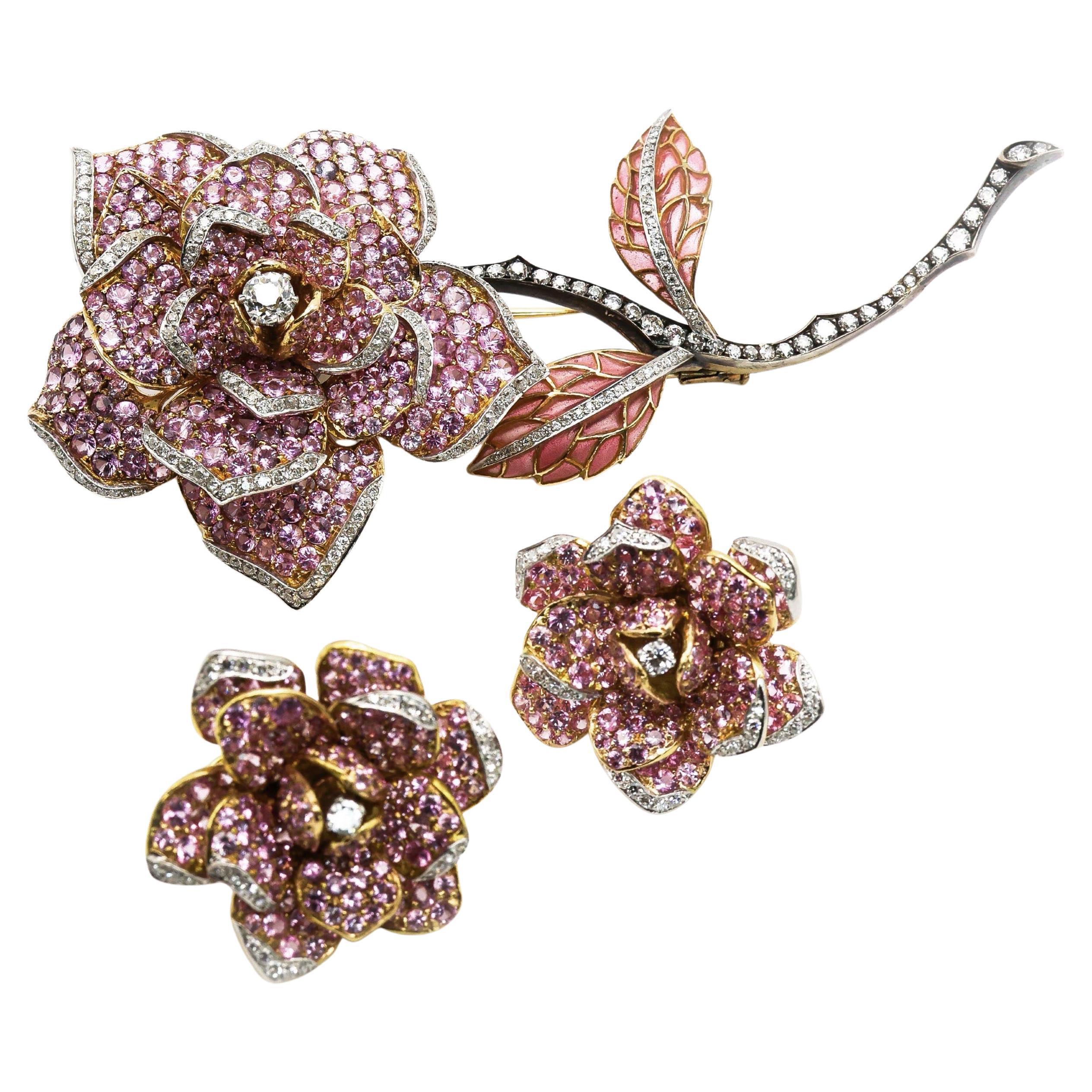 Modern Moira Pink Sapphire Diamond Gold & Silver Rose Brooch and Earrings Suite