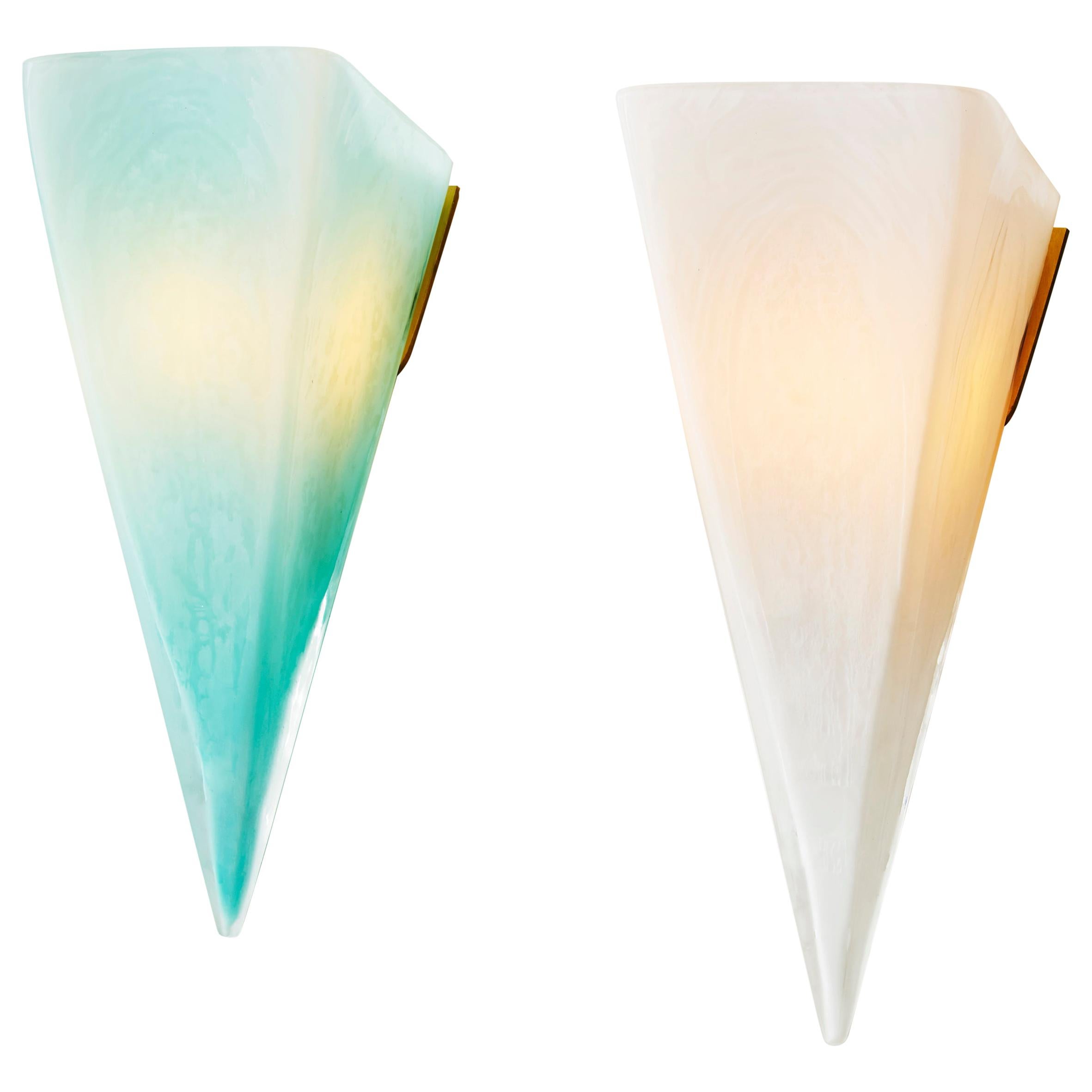 Modern Mold Blown Glass Celadon and White Pavilion Sconce