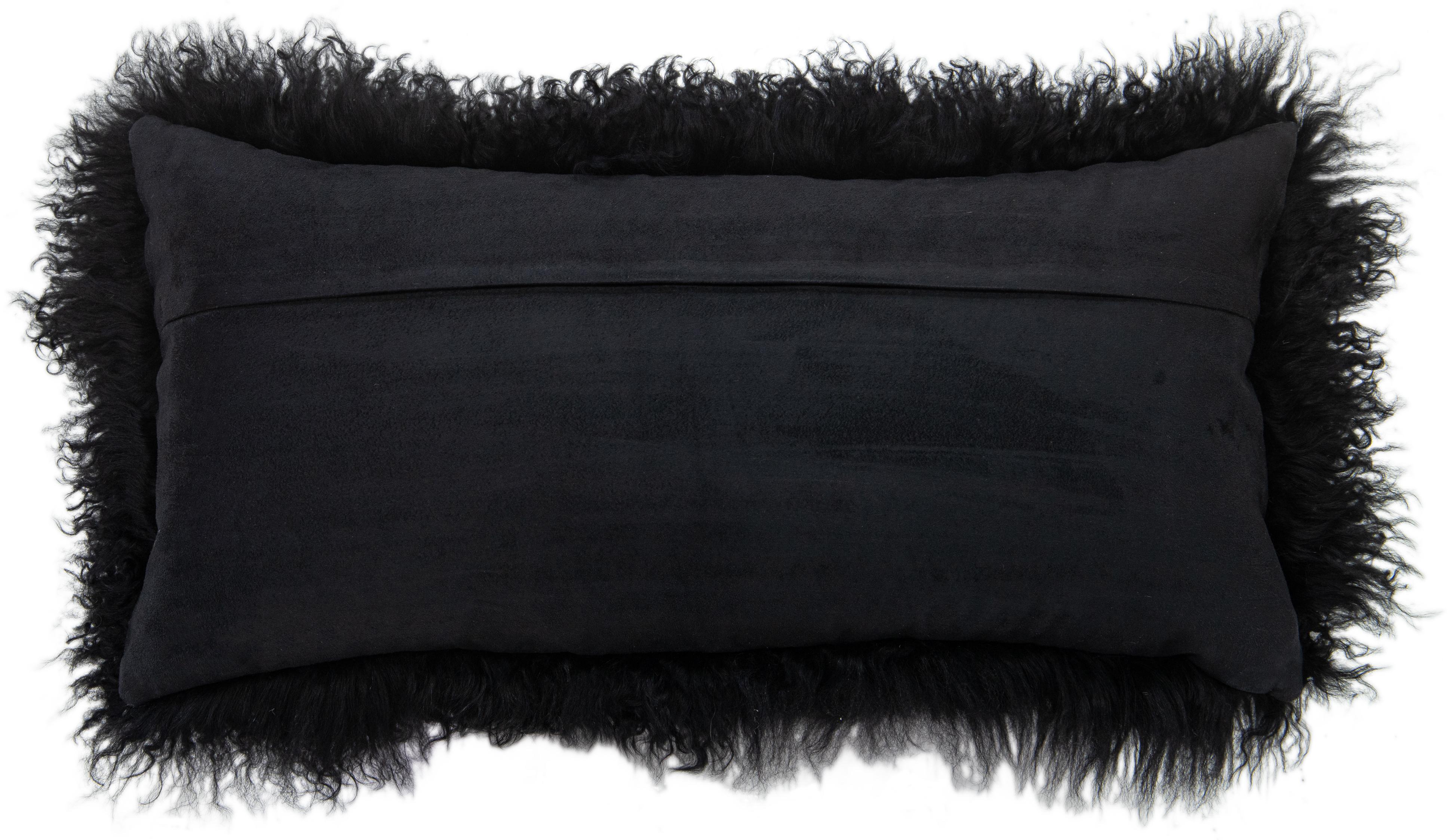 Indian Modern Mongolian Lamb Fur Single Side Pillow In Black  For Sale