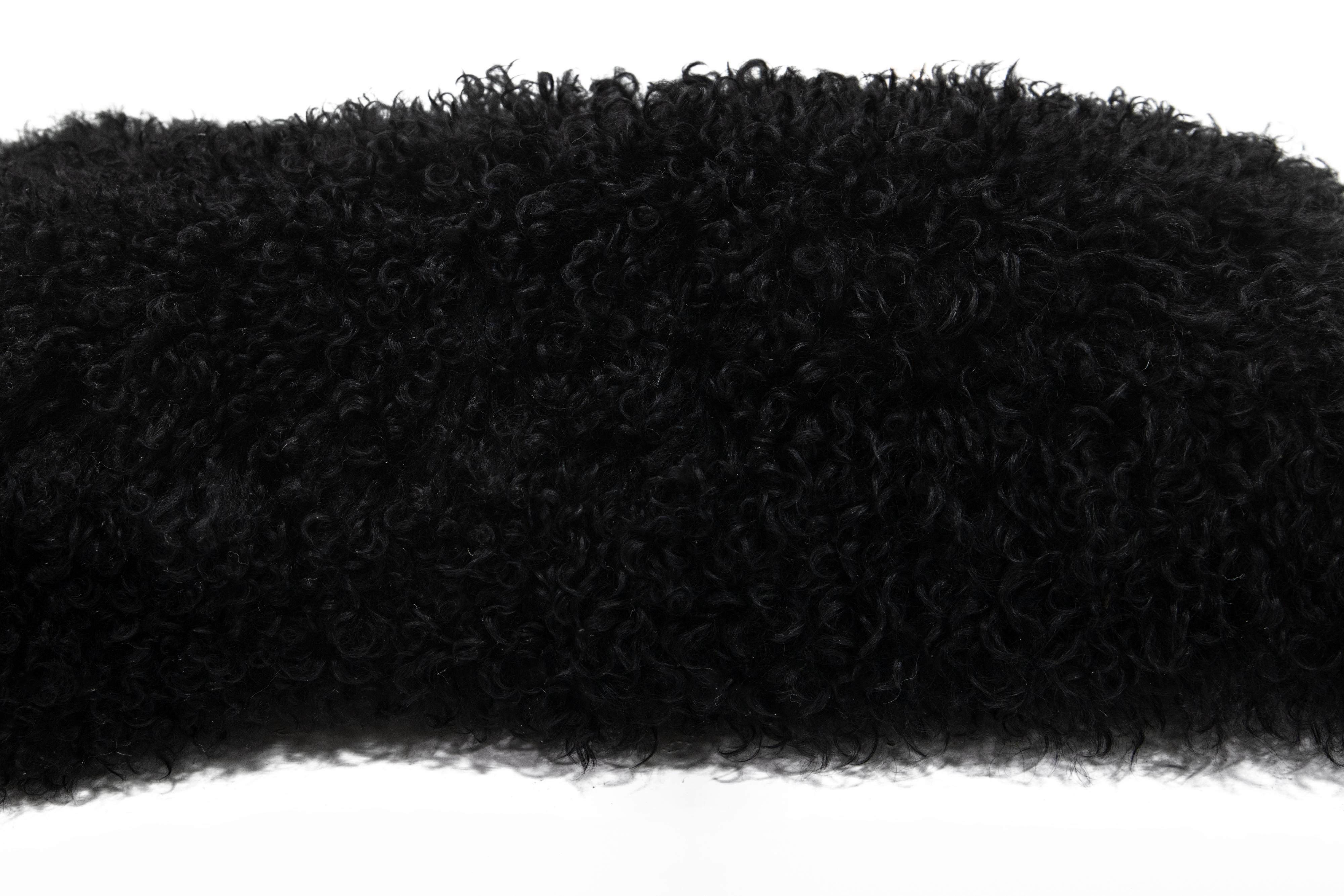 Hand-Knotted Modern Mongolian Lamb Fur Single Side Pillow In Black  For Sale