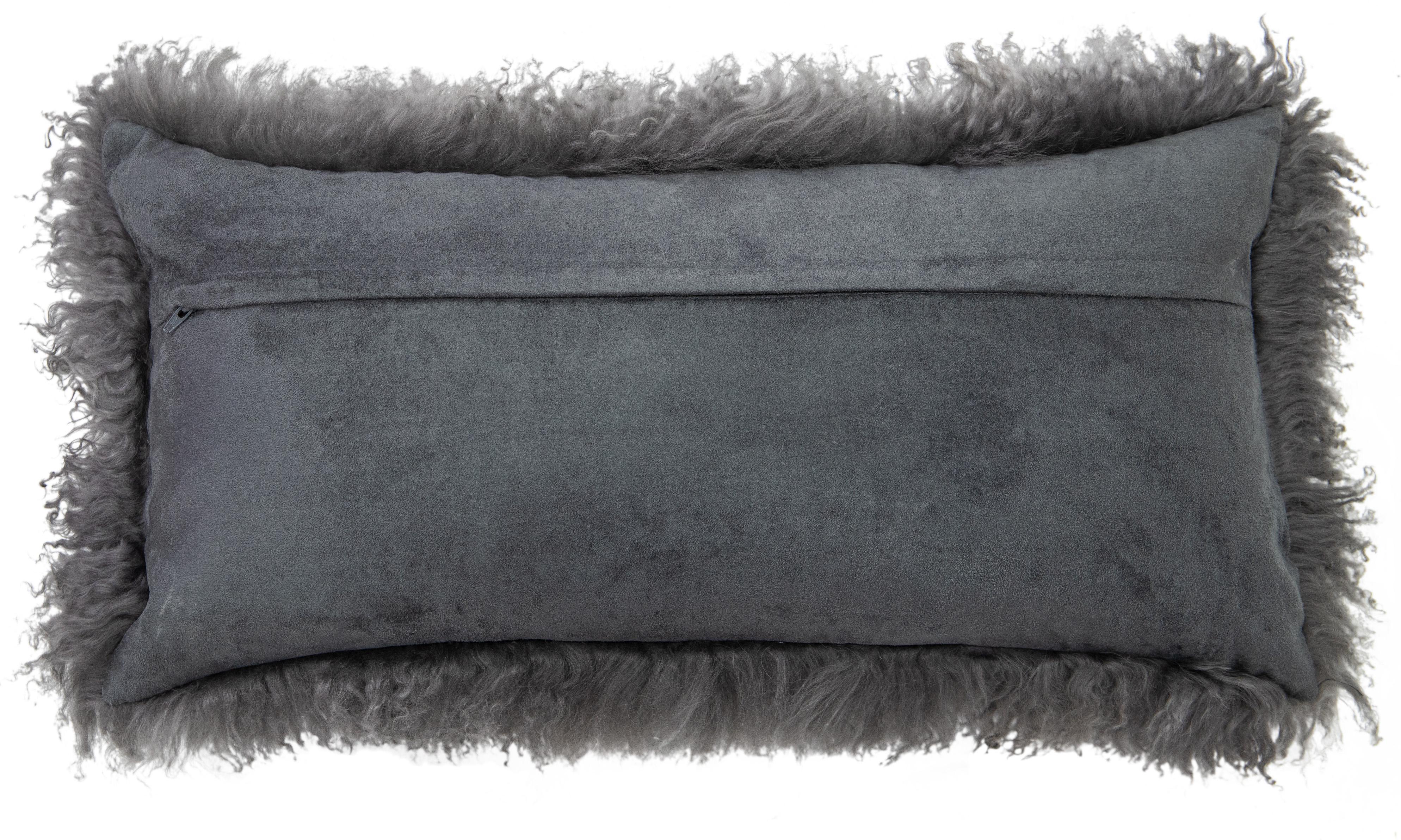 Indian Modern Mongolian Lamb Fur Single Side Pillow In Gray  For Sale